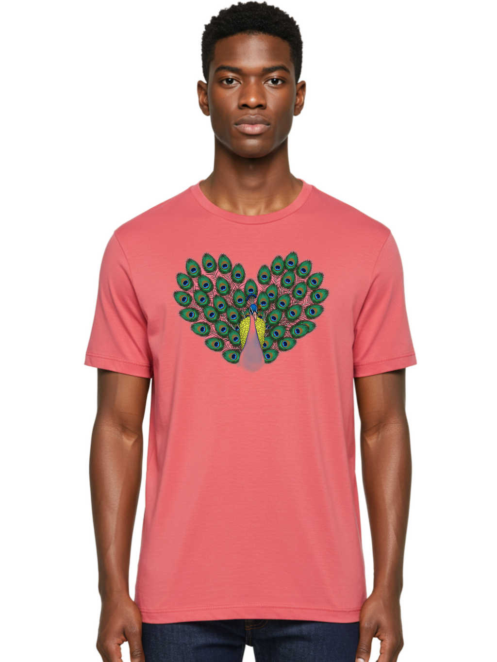 Peacock-22 Men'S Graphic Tee, 100% Cotton, Comfortable Casual Summer Wear, Machine Washable, Peacock Spreading Tail, Colorful Plumage, Vibrant Feathers, Blue Eyespots, Green And Pink Hues, Majestic Bird, Proud Display, Iridescent Colors, Bab084