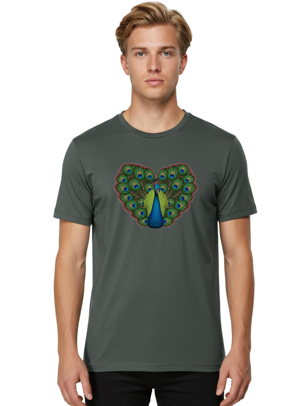 Peacock-23 Men'S Graphic Tee, 100% Cotton, Comfortable Casual Summer Wear, Machine Washable, Peacock, Spread Tail Feathers, Blue Eyespots, Colorful Plumage, Vibrant Blues And Greens, Exotic Bird, Majestic Display, Ornate Feathers Bab085