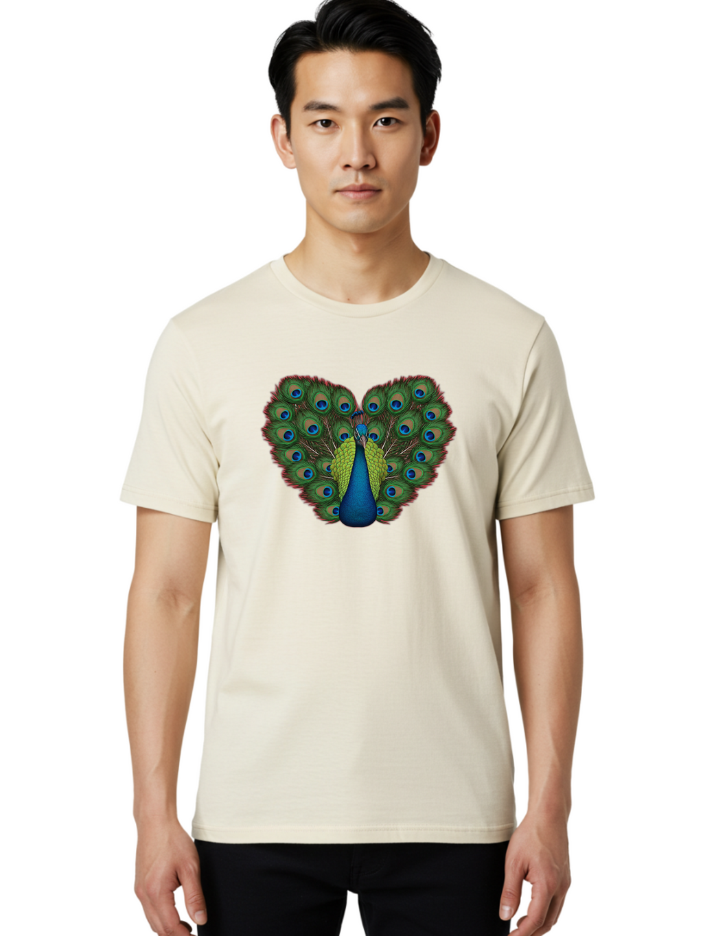 Peacock-23 Men'S Graphic Tee, 100% Cotton, Comfortable Casual Summer Wear, Machine Washable, Peacock, Spread Tail Feathers, Blue Eyespots, Colorful Plumage, Vibrant Blues And Greens, Exotic Bird, Majestic Display, Ornate Feathers Bab085