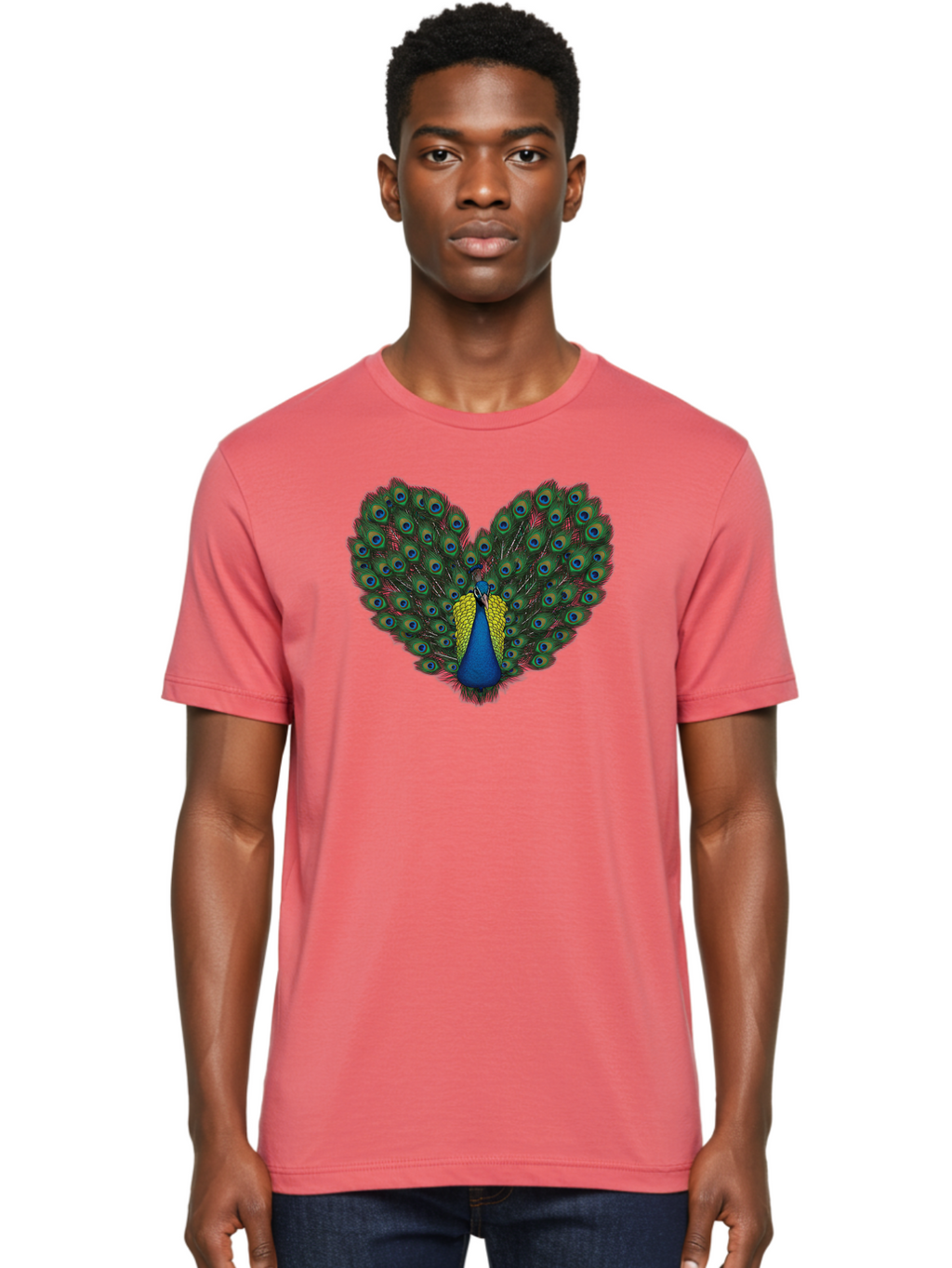 Peacock-25 Men'S Graphic Tee, 100% Cotton, Comfortable Casual Summer Wear, Machine Washable, Peacock With Spread Tail, Heart Shape, Blue And Green Feathers, Eye Spots, Vibrant Plumage, Colorful Bird, Majestic Display, Exotic Bird, Bab087