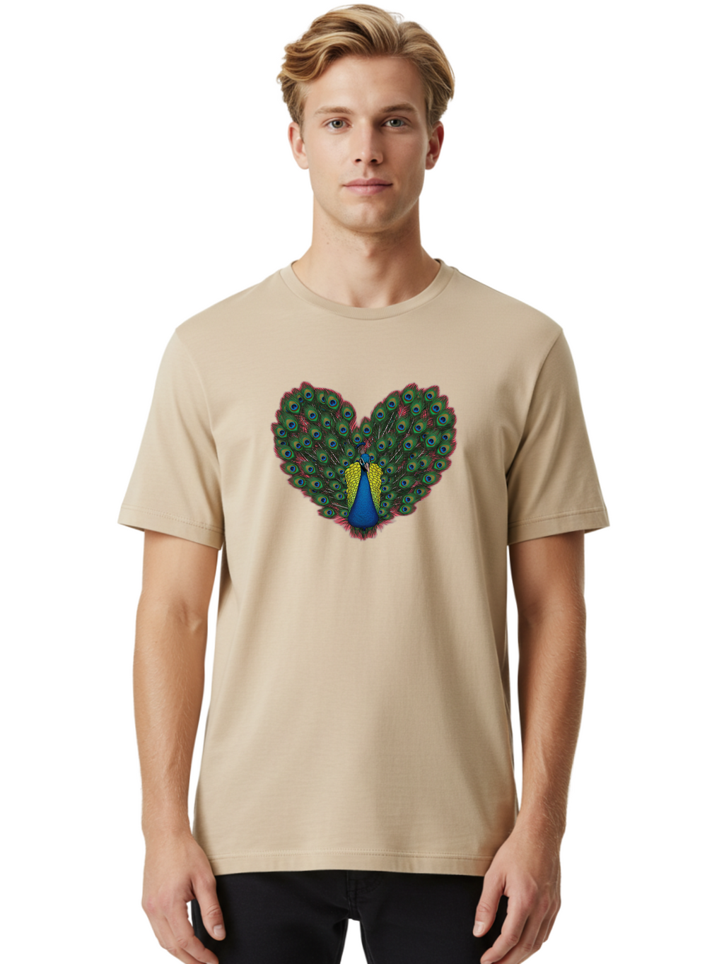 Peacock-25 Men'S Graphic Tee, 100% Cotton, Comfortable Casual Summer Wear, Machine Washable, Peacock With Spread Tail, Heart Shape, Blue And Green Feathers, Eye Spots, Vibrant Plumage, Colorful Bird, Majestic Display, Exotic Bird, Bab087