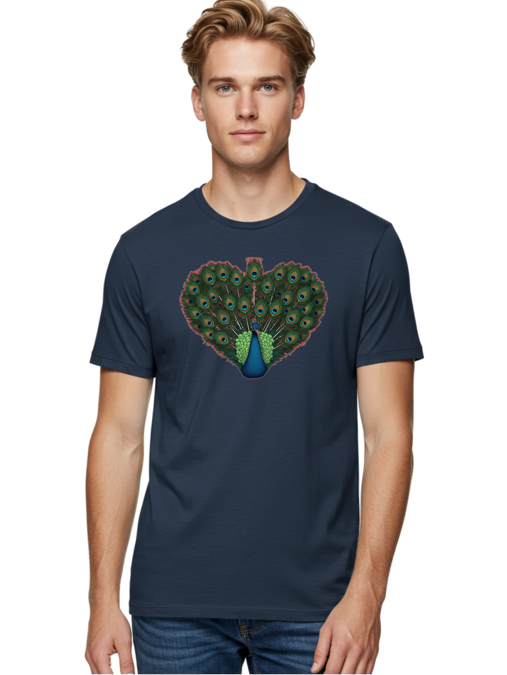 Peacock-26 Men'S Graphic Tee, 100% Cotton, Comfortable Casual Summer Wear, Machine Washable, Peacock Feather Display, Vibrant Plumage, Blue And Green Hues, Eye-Catching Pattern, Majestic Bird, Ornate Tail Feathers, Colorful Bird, Exotic Beauty Bab088
