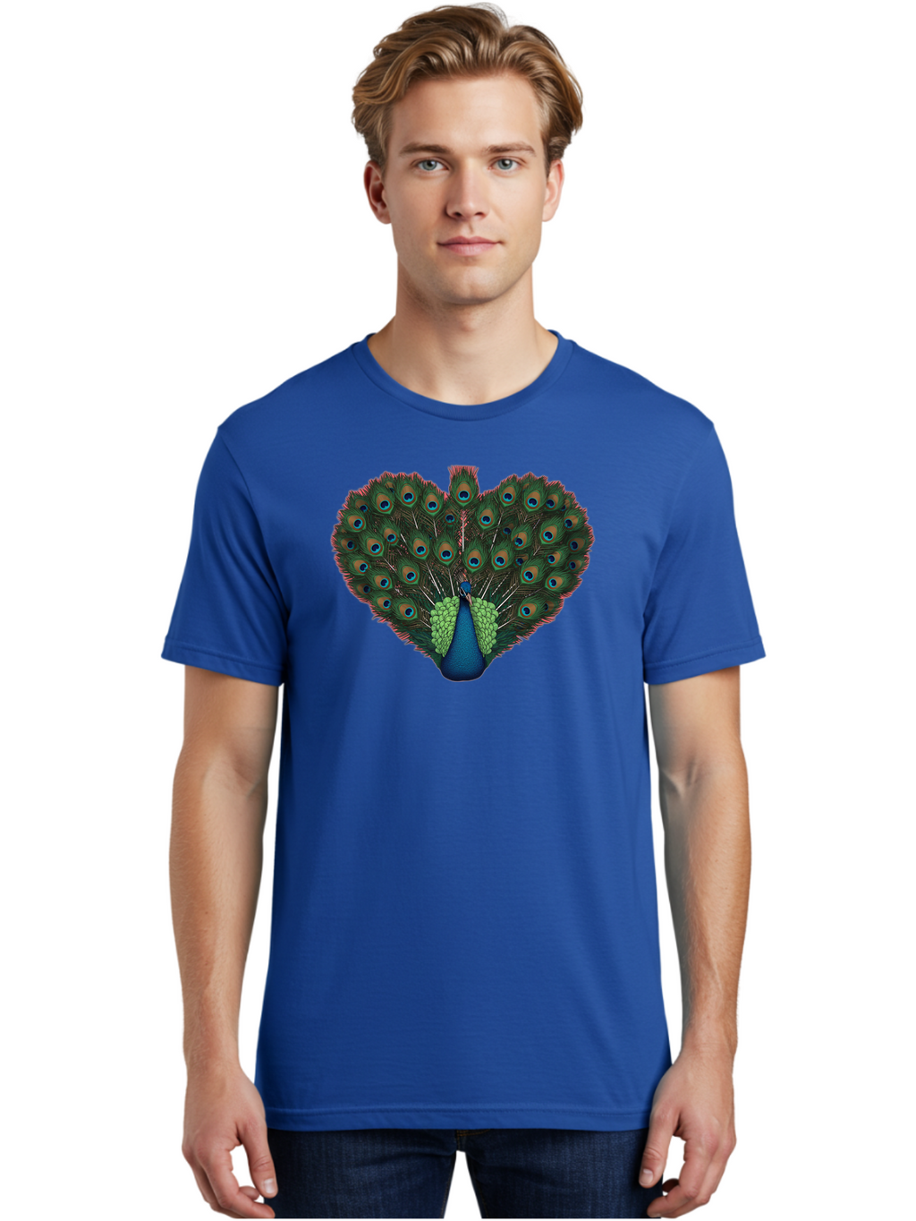 Peacock-26 Men'S Graphic Tee, 100% Cotton, Comfortable Casual Summer Wear, Machine Washable, Peacock Feather Display, Vibrant Plumage, Blue And Green Hues, Eye-Catching Pattern, Majestic Bird, Ornate Tail Feathers, Colorful Bird, Exotic Beauty Bab088