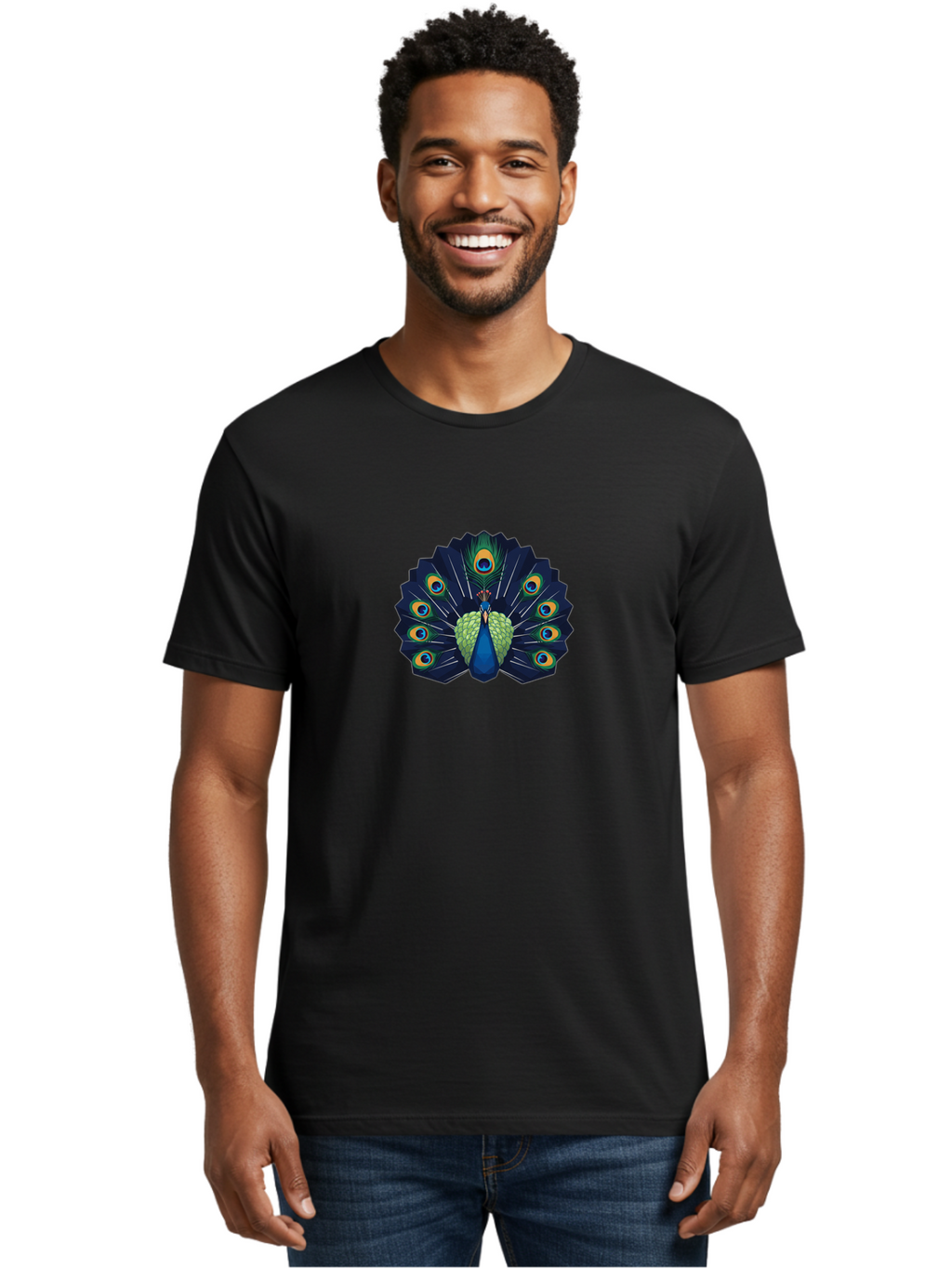 Peacock-27 Men'S Graphic Tee, 100% Cotton, Comfortable Casual Summer Wear, Machine Washable, Peacock Spreading Tail, Vibrant Plumage, Blue And Green Feathers, Eye-Catching Display, Majestic Bird, Colorful Illustration, Wildlife Art, Bab089
