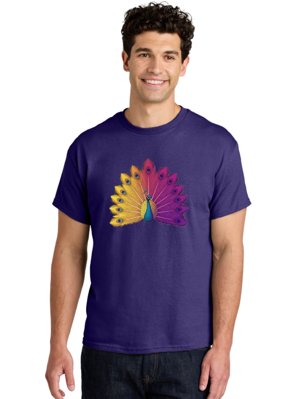 Peacock-28 Men'S Graphic Tee, 100% Cotton, Comfortable Casual Summer Wear, Machine Washable, Vibrant Peacock, Colorful Plumage, Blue Eyespots, Majestic Bird, Spread Feathers, Orange, Purple, And Yellow Hues, Exotic Beauty, Ornate Display, Bab090