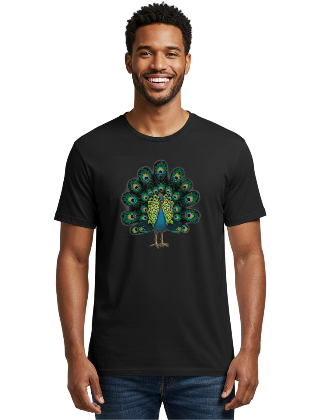 Peacock-29 Men'S Graphic Tee, 100% Cotton, Comfortable Casual Summer Wear, Machine Washable, Peacock Spreading Its Feathers, Vibrant Plumage, Blue And Gold Eye Spots, Turquoise Body, Majestic Bird, Exotic Beauty, Colorful Display, Bab091