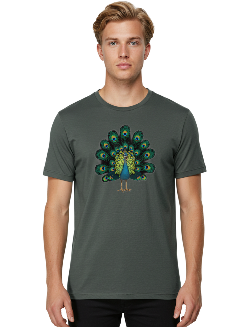 Peacock-29 Men'S Graphic Tee, 100% Cotton, Comfortable Casual Summer Wear, Machine Washable, Peacock Spreading Its Feathers, Vibrant Plumage, Blue And Gold Eye Spots, Turquoise Body, Majestic Bird, Exotic Beauty, Colorful Display, Bab091