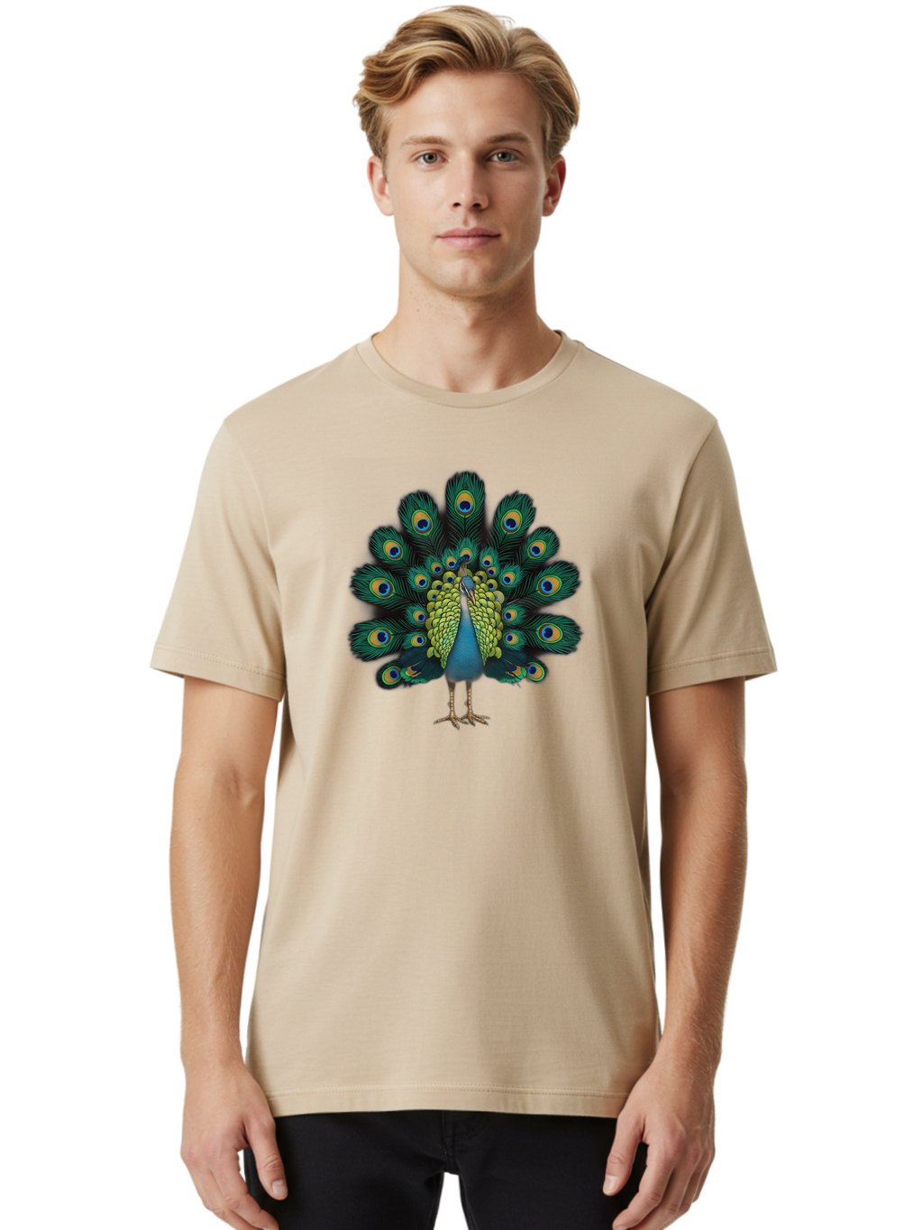 Peacock-29 Men'S Graphic Tee, 100% Cotton, Comfortable Casual Summer Wear, Machine Washable, Peacock Spreading Its Feathers, Vibrant Plumage, Blue And Gold Eye Spots, Turquoise Body, Majestic Bird, Exotic Beauty, Colorful Display, Bab091