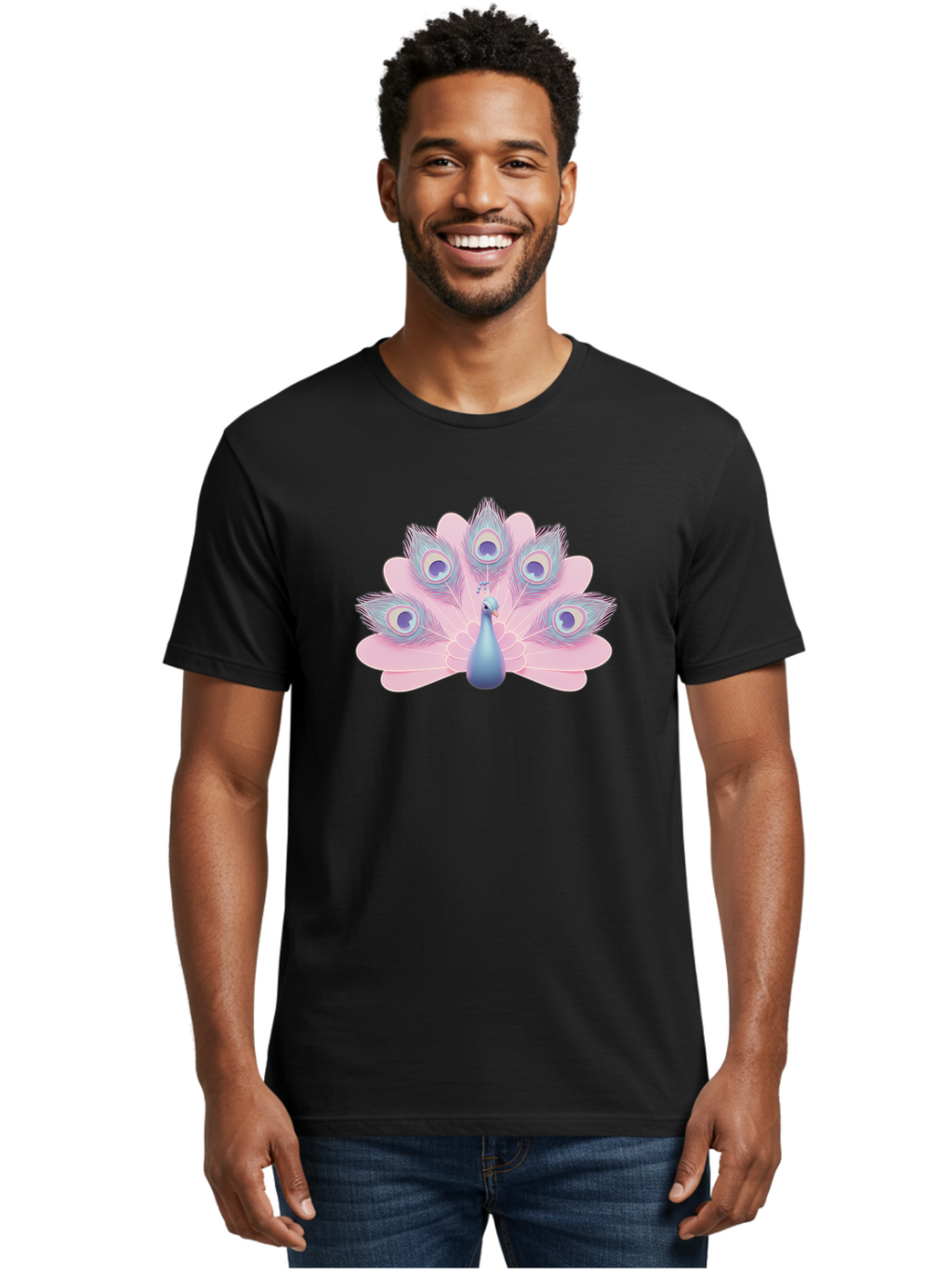 Peacock-3 Men'S Graphic Tee, 100% Cotton, Comfortable Casual Summer Wear, Machine Washable, Peacock Display, Vibrant Feathers, Blue And Pink Hues, Eye-Catching Pattern, Majestic Bird, Decorative Plumage, Colorful Illustration Bab092