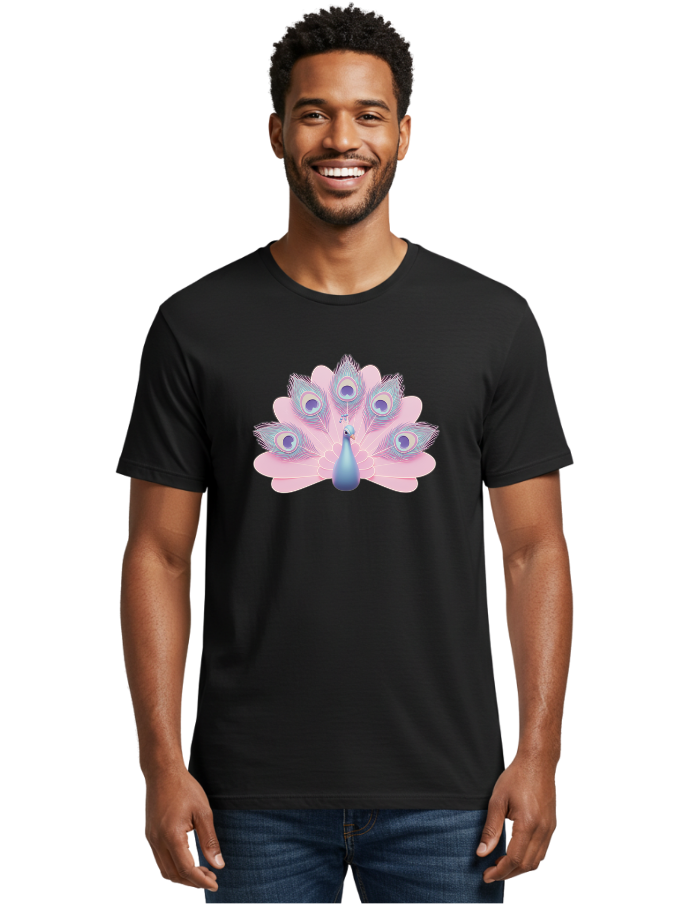 Peacock-3 Men'S Graphic Tee, 100% Cotton, Comfortable Casual Summer Wear, Machine Washable, Peacock Display, Vibrant Feathers, Blue And Pink Hues, Eye-Catching Pattern, Majestic Bird, Decorative Plumage, Colorful Illustration Bab092
