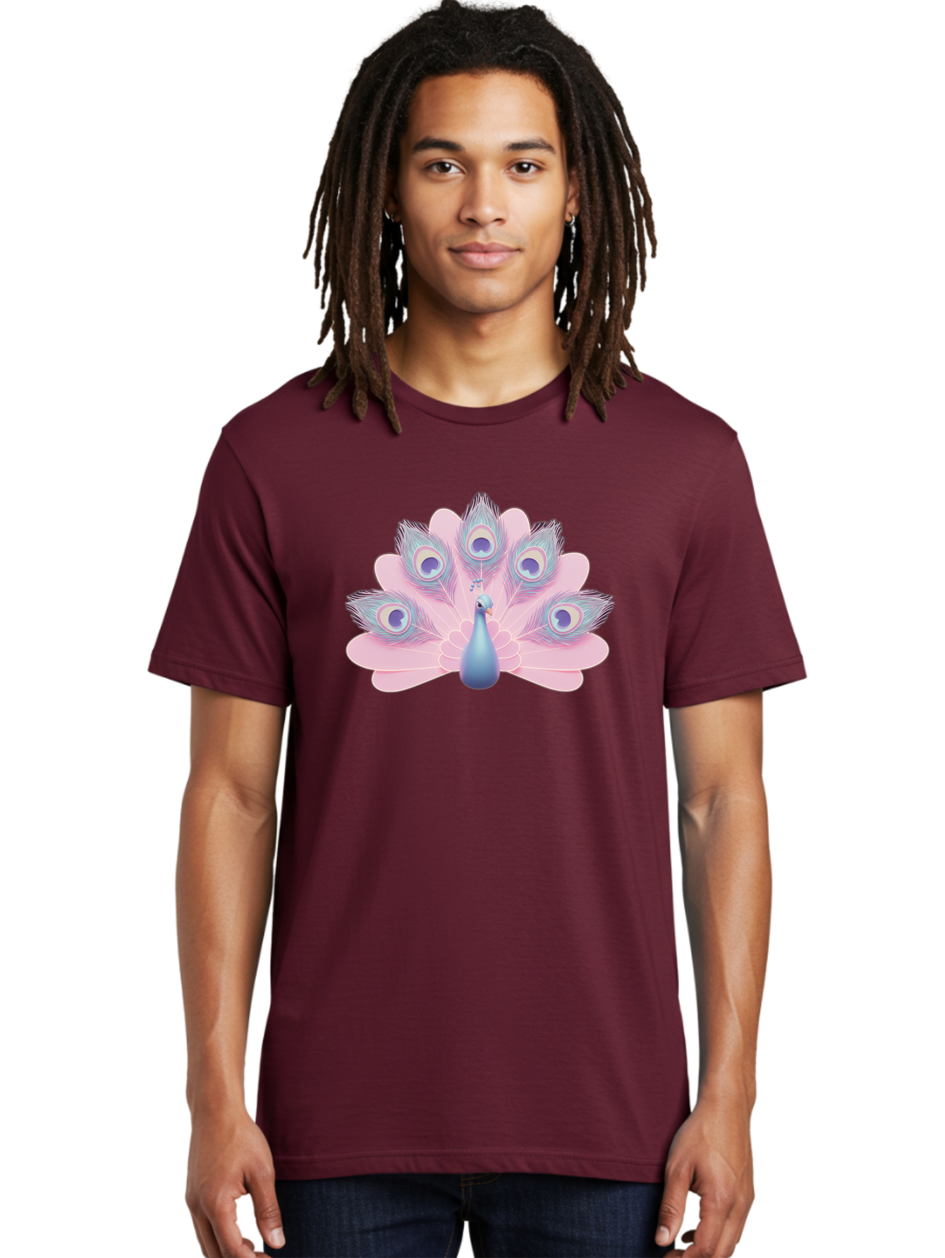 Peacock-3 Men'S Graphic Tee, 100% Cotton, Comfortable Casual Summer Wear, Machine Washable, Peacock Display, Vibrant Feathers, Blue And Pink Hues, Eye-Catching Pattern, Majestic Bird, Decorative Plumage, Colorful Illustration Bab092