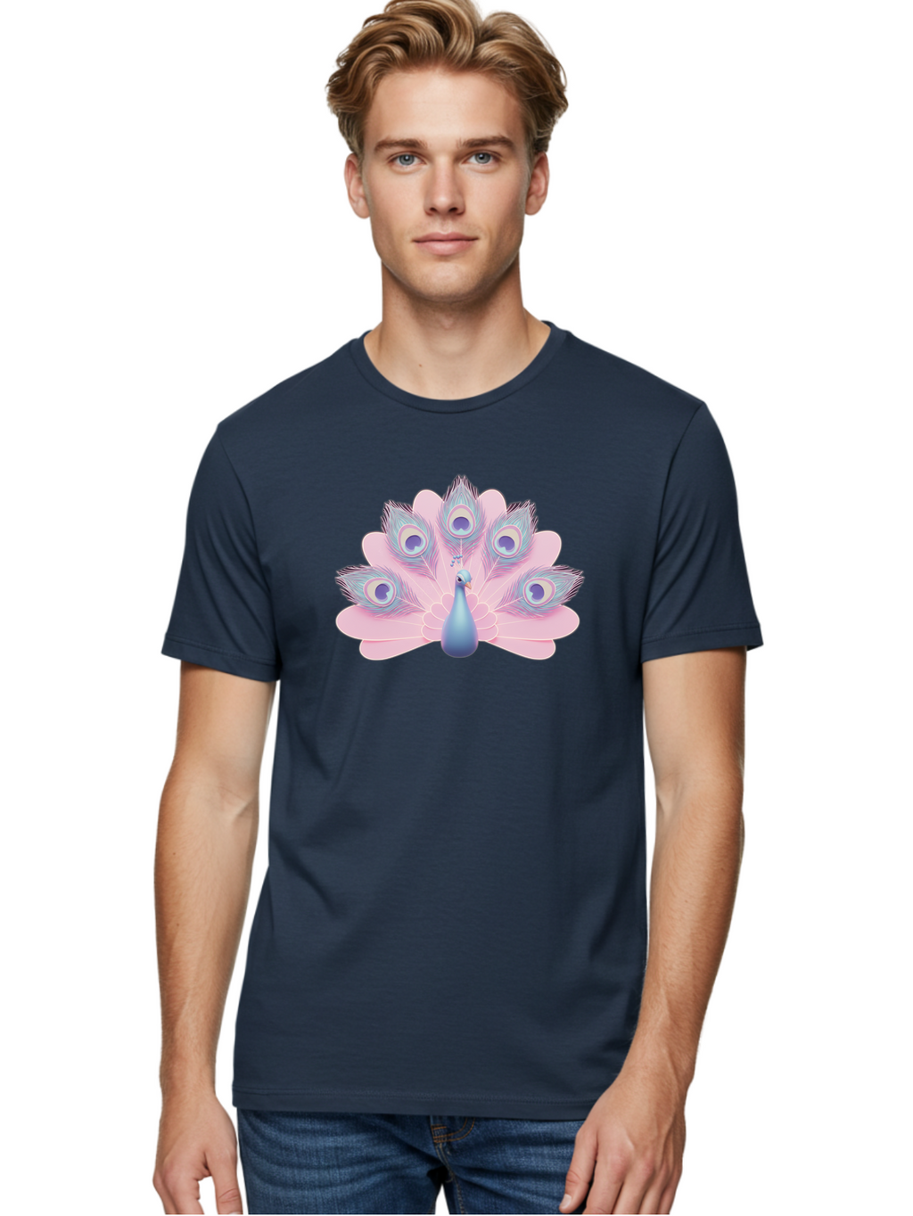 Peacock-3 Men'S Graphic Tee, 100% Cotton, Comfortable Casual Summer Wear, Machine Washable, Peacock Display, Vibrant Feathers, Blue And Pink Hues, Eye-Catching Pattern, Majestic Bird, Decorative Plumage, Colorful Illustration Bab092