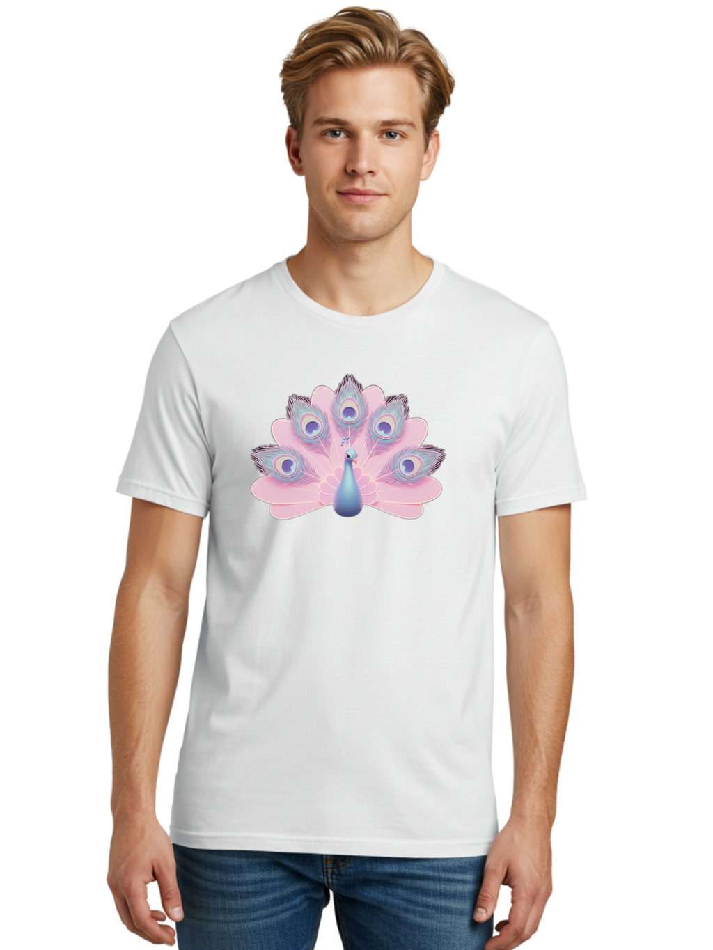 Peacock-3 Men'S Graphic Tee, 100% Cotton, Comfortable Casual Summer Wear, Machine Washable, Peacock Display, Vibrant Feathers, Blue And Pink Hues, Eye-Catching Pattern, Majestic Bird, Decorative Plumage, Colorful Illustration Bab092
