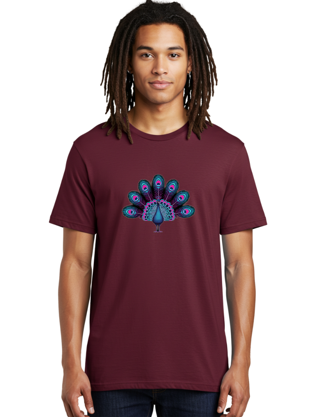 Peacock-30 Men'S Graphic Tee, 100% Cotton, Comfortable Casual Summer Wear, Machine Washable, Peacock Illustration, Colorful Plumage, Vibrant Feathers, Blue And Pink Hues, Eye-Catching Design, Bird Of Beauty, Ornate Tail, Artistic Render Bab093