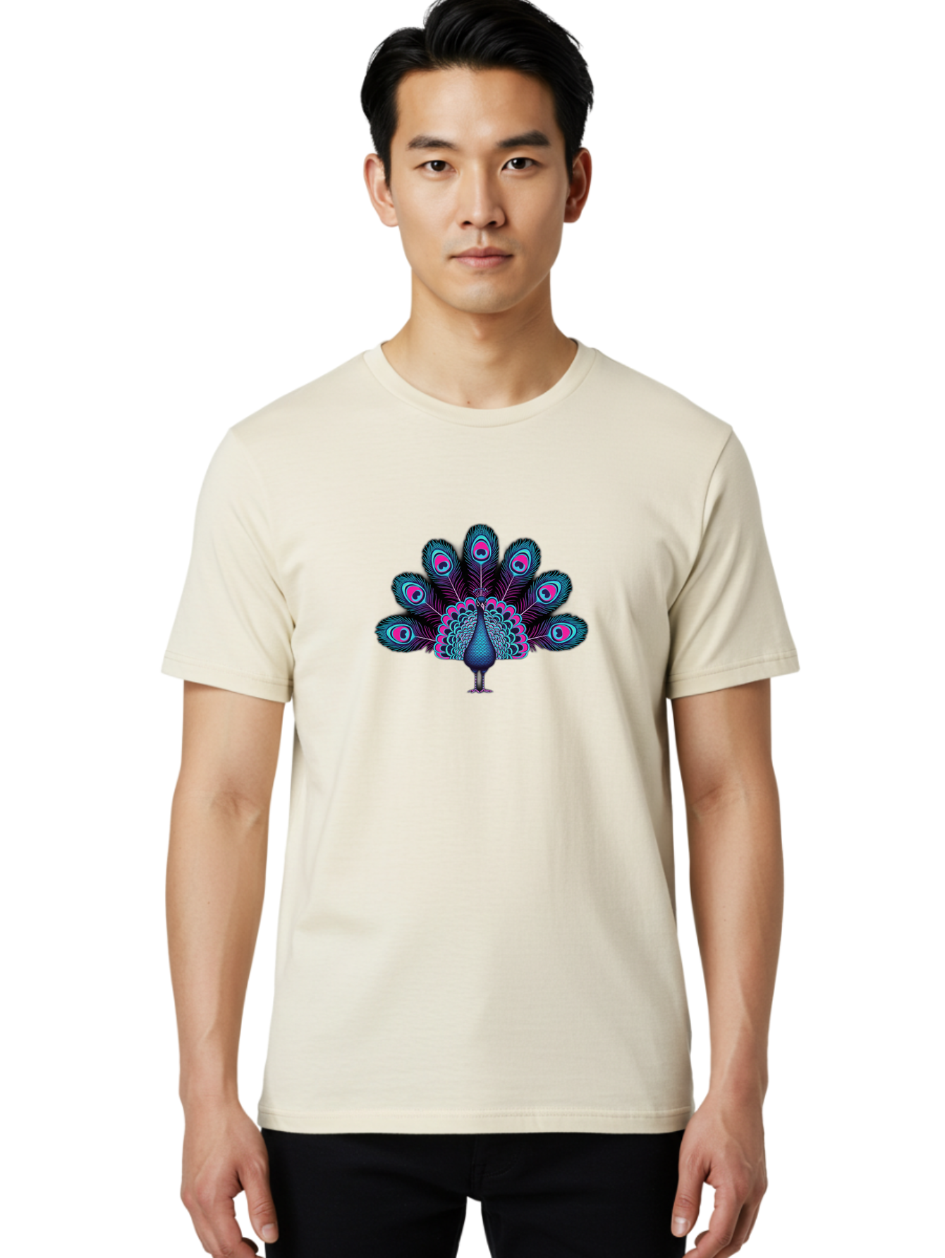 Peacock-30 Men'S Graphic Tee, 100% Cotton, Comfortable Casual Summer Wear, Machine Washable, Peacock Illustration, Colorful Plumage, Vibrant Feathers, Blue And Pink Hues, Eye-Catching Design, Bird Of Beauty, Ornate Tail, Artistic Render Bab093