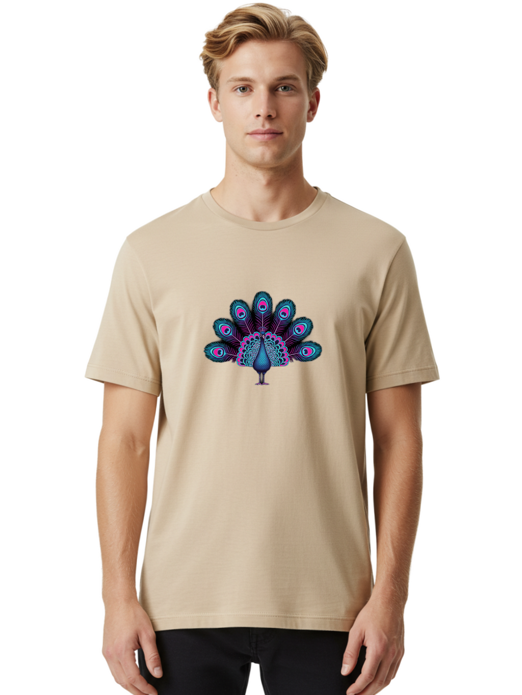 Peacock-30 Men'S Graphic Tee, 100% Cotton, Comfortable Casual Summer Wear, Machine Washable, Peacock Illustration, Colorful Plumage, Vibrant Feathers, Blue And Pink Hues, Eye-Catching Design, Bird Of Beauty, Ornate Tail, Artistic Render Bab093