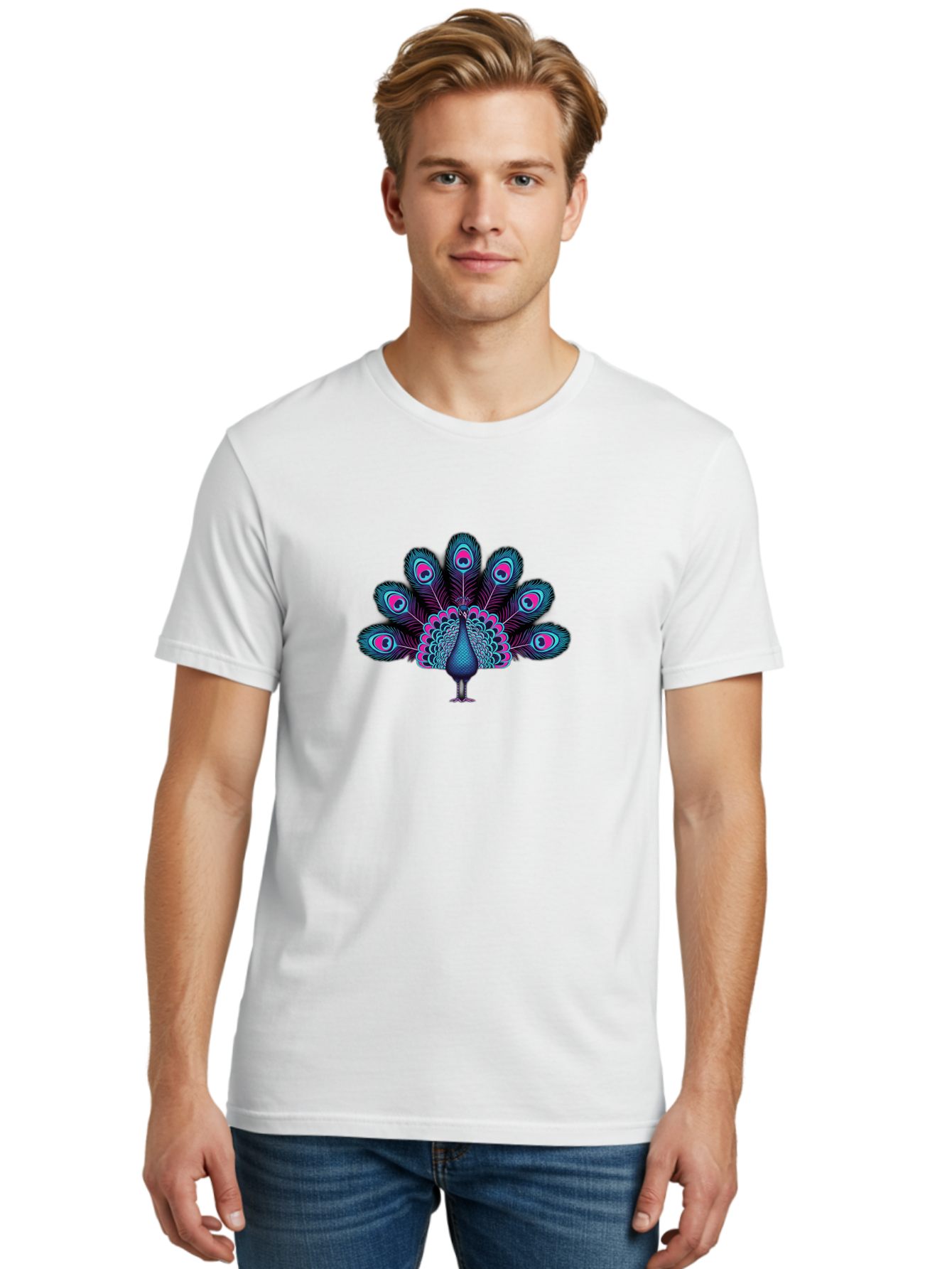 Peacock-30 Men'S Graphic Tee, 100% Cotton, Comfortable Casual Summer Wear, Machine Washable, Peacock Illustration, Colorful Plumage, Vibrant Feathers, Blue And Pink Hues, Eye-Catching Design, Bird Of Beauty, Ornate Tail, Artistic Render Bab093