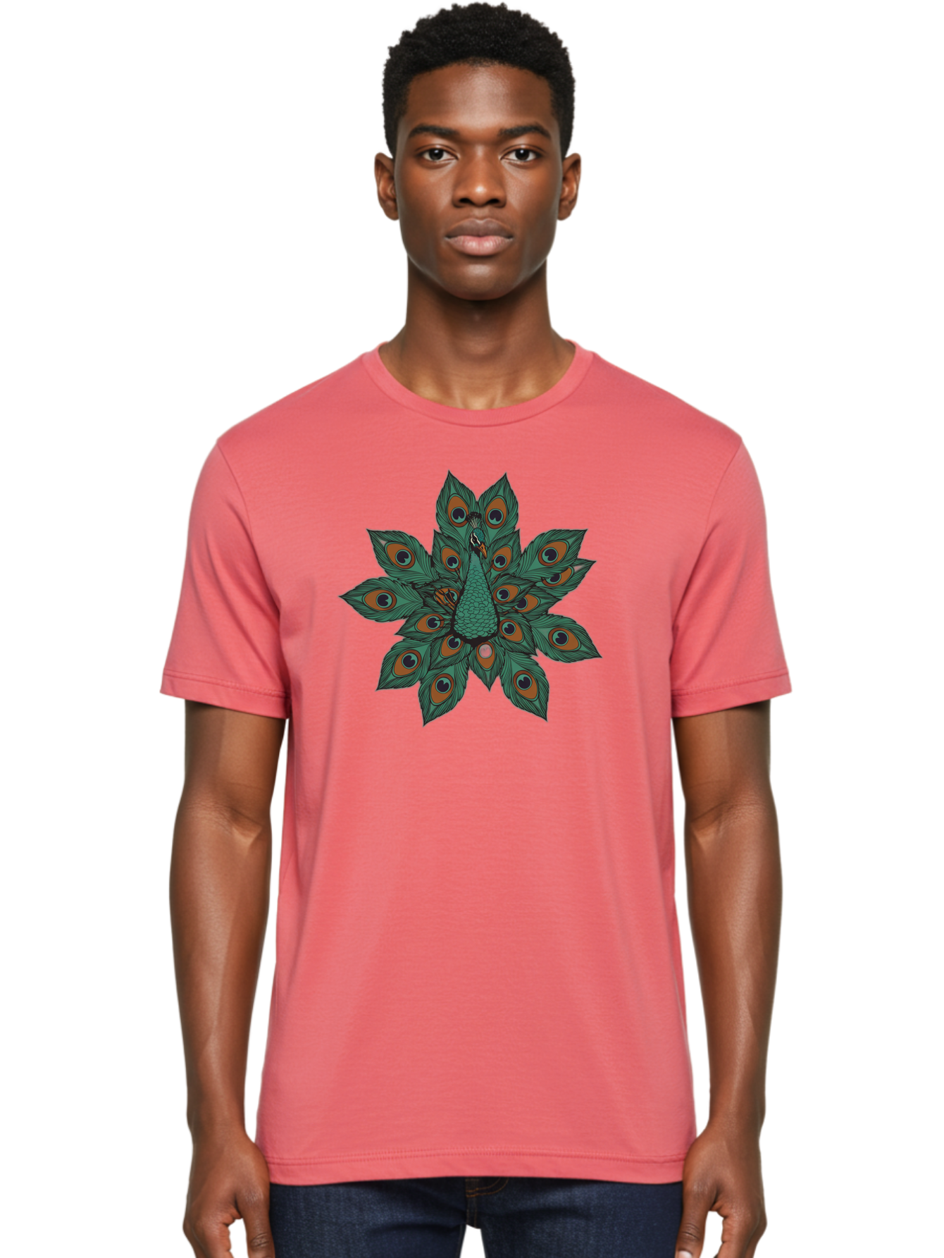 Peacock-31 Men'S Graphic Tee, 100% Cotton, Comfortable Casual Summer Wear, Machine Washable, Peacock Feather, Symmetrical Pattern, Vibrant Colors, Natural Beauty, Exotic Bird, Intricate Design, Circular Shape, Orange And Blue Hues, Bab094