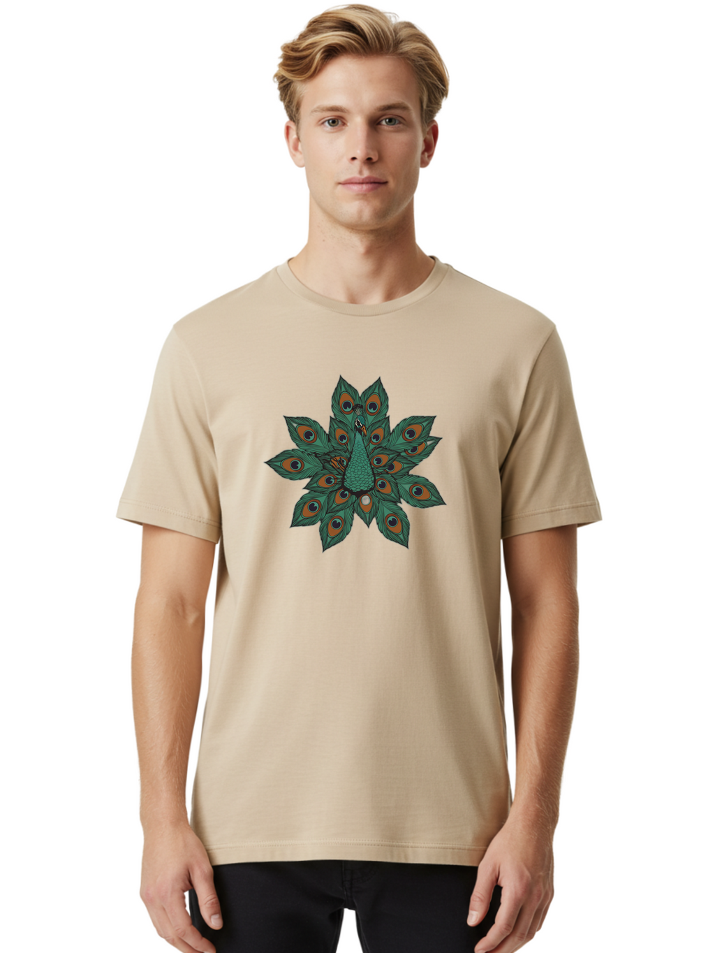 Peacock-31 Men'S Graphic Tee, 100% Cotton, Comfortable Casual Summer Wear, Machine Washable, Peacock Feather, Symmetrical Pattern, Vibrant Colors, Natural Beauty, Exotic Bird, Intricate Design, Circular Shape, Orange And Blue Hues, Bab094