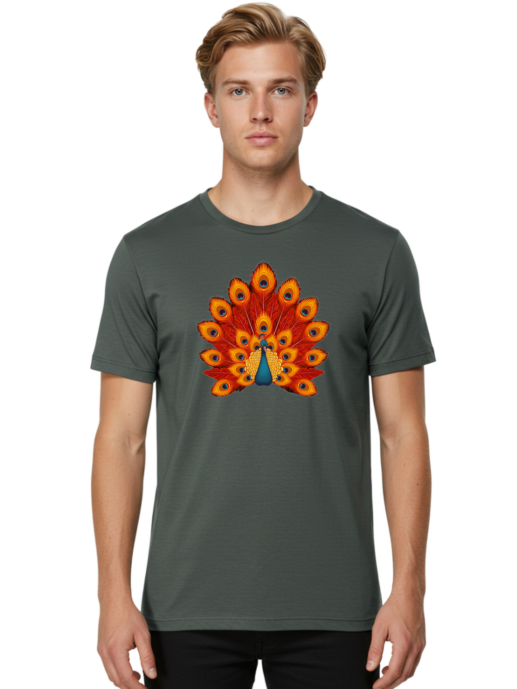 Peacock-32 Men'S Graphic Tee, 100% Cotton, Comfortable Casual Summer Wear, Machine Washable, Peacock Feathers, Vibrant Colors, Iridescent Blues, Orange And Yellow Hues, Eye-Catching Pattern, Exotic Bird, Majestic Plumage, Eye Spots, Bab095
