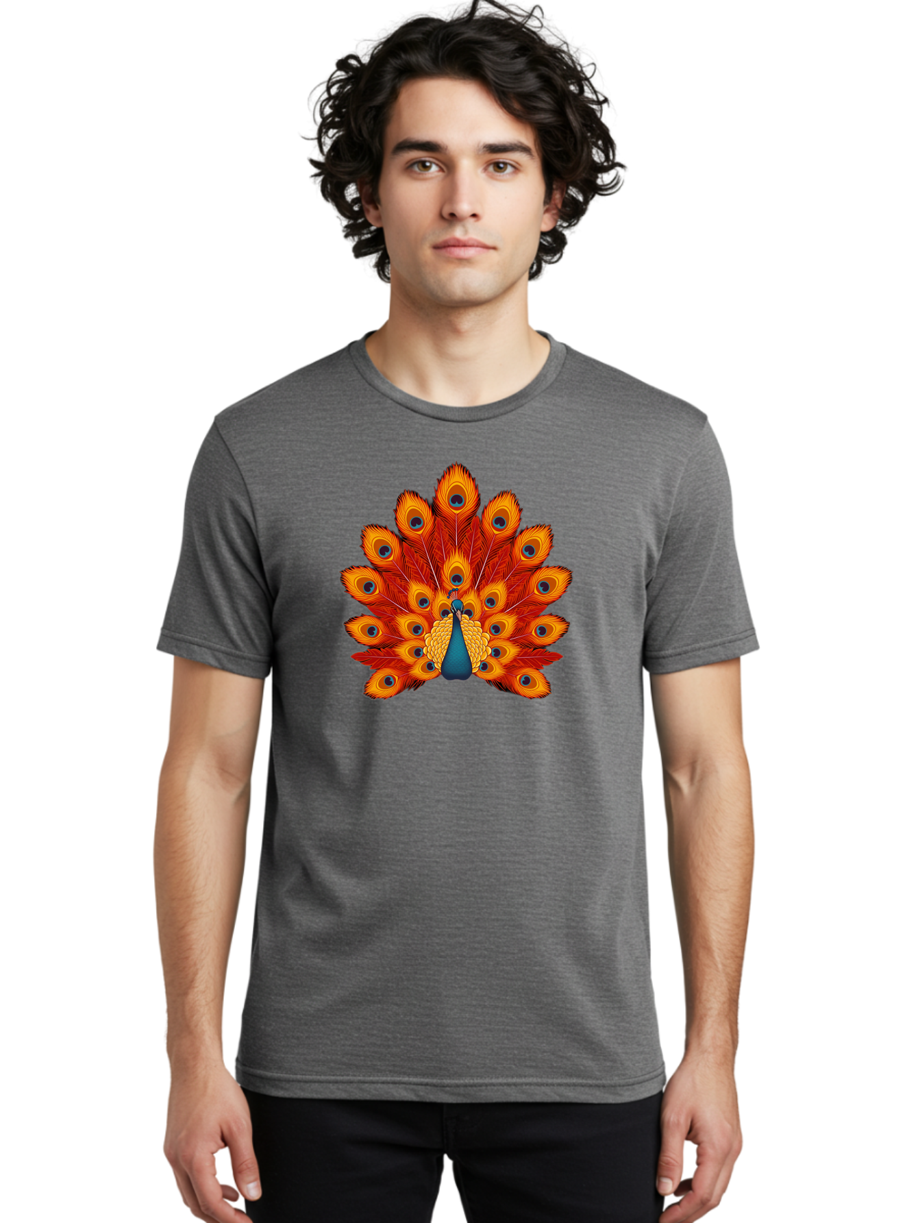 Peacock-32 Men'S Graphic Tee, 100% Cotton, Comfortable Casual Summer Wear, Machine Washable, Peacock Feathers, Vibrant Colors, Iridescent Blues, Orange And Yellow Hues, Eye-Catching Pattern, Exotic Bird, Majestic Plumage, Eye Spots, Bab095