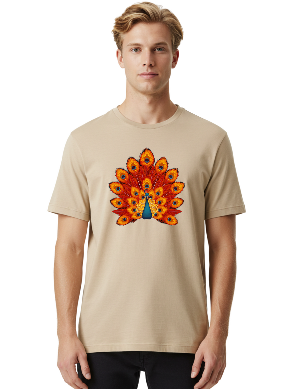 Peacock-32 Men'S Graphic Tee, 100% Cotton, Comfortable Casual Summer Wear, Machine Washable, Peacock Feathers, Vibrant Colors, Iridescent Blues, Orange And Yellow Hues, Eye-Catching Pattern, Exotic Bird, Majestic Plumage, Eye Spots, Bab095