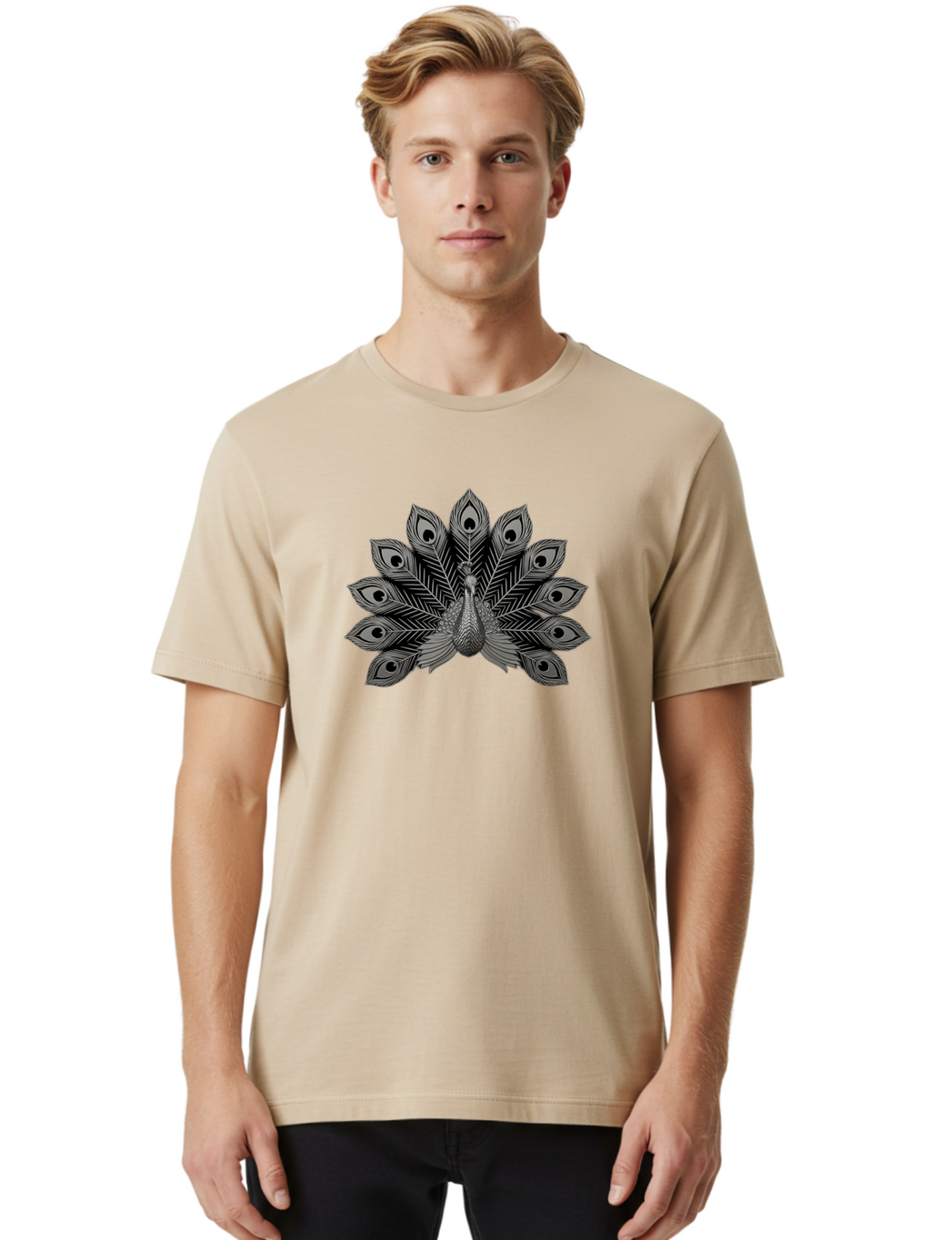 Peacock-33 Men'S Graphic Tee, 100% Cotton, Comfortable Casual Summer Wear, Machine Washable, Peacock With Spread Feathers, Black And White Illustration, Detailed Design, Bird With Eyespots, Artistic Depiction, Feather Pattern, Decorative Art Bab096
