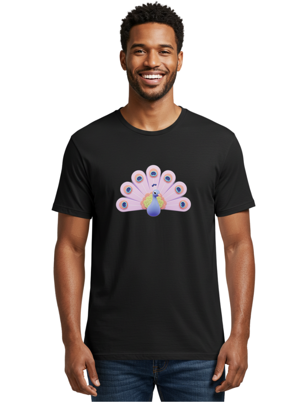 Peacock-4 Men'S Graphic Tee, 100% Cotton, Comfortable Casual Summer Wear, Machine Washable, Peacock Illustration, Colorful Plumage, Blue Bird, Purple Feathers, Orange Accents, Eye-Catching Design, Stylized Artwork, Vibrant Colors, Bab098