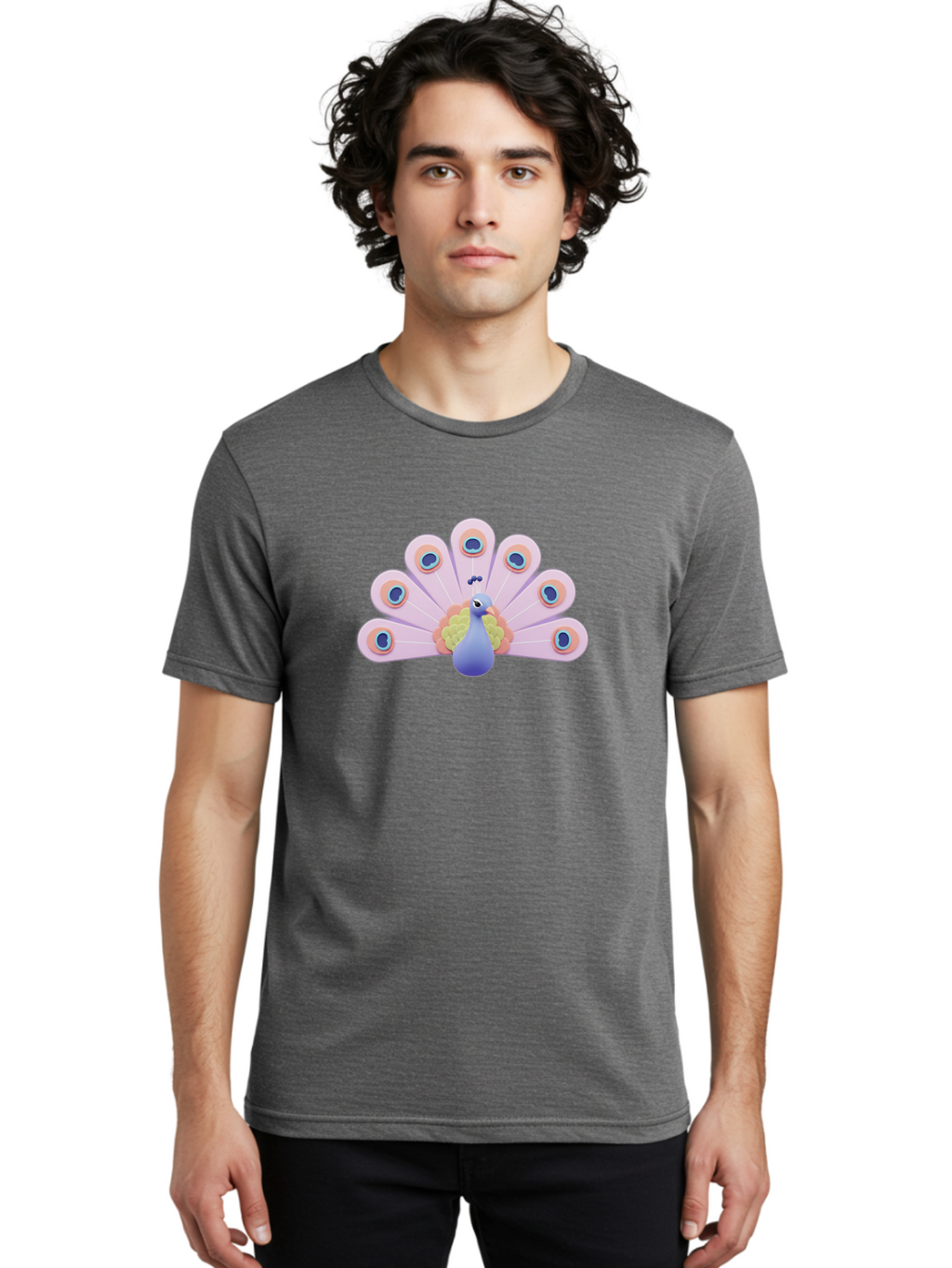 Peacock-4 Men'S Graphic Tee, 100% Cotton, Comfortable Casual Summer Wear, Machine Washable, Peacock Illustration, Colorful Plumage, Blue Bird, Purple Feathers, Orange Accents, Eye-Catching Design, Stylized Artwork, Vibrant Colors, Bab098