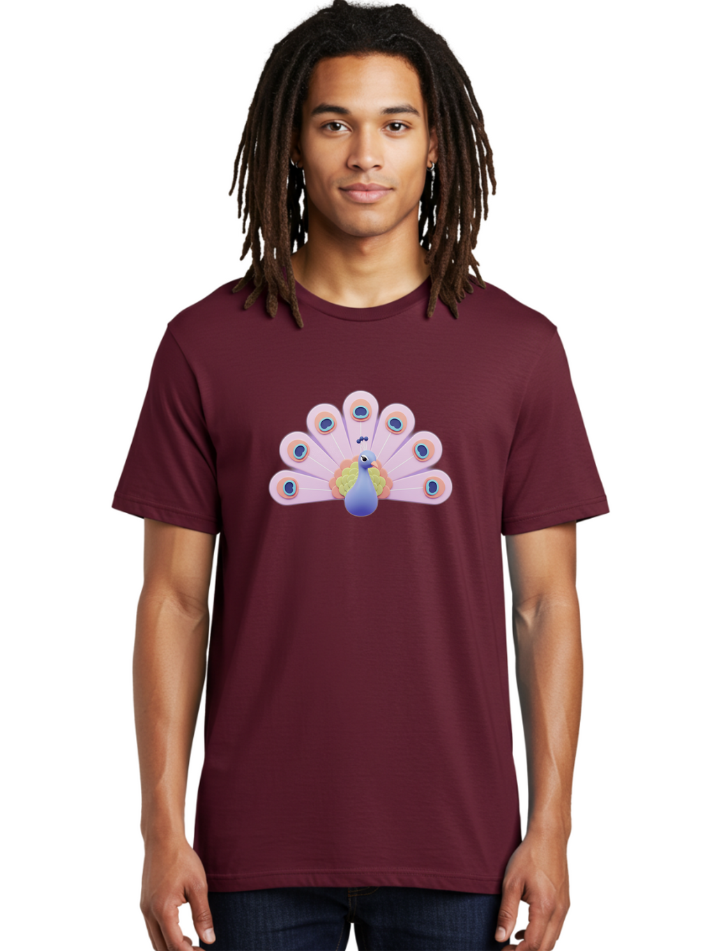 Peacock-4 Men'S Graphic Tee, 100% Cotton, Comfortable Casual Summer Wear, Machine Washable, Peacock Illustration, Colorful Plumage, Blue Bird, Purple Feathers, Orange Accents, Eye-Catching Design, Stylized Artwork, Vibrant Colors, Bab098