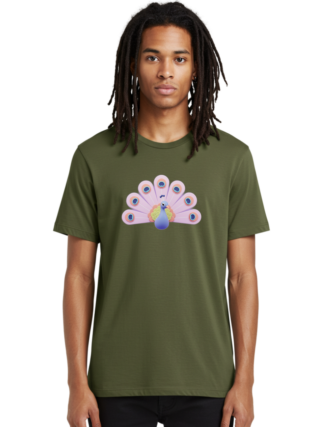 Peacock-4 Men'S Graphic Tee, 100% Cotton, Comfortable Casual Summer Wear, Machine Washable, Peacock Illustration, Colorful Plumage, Blue Bird, Purple Feathers, Orange Accents, Eye-Catching Design, Stylized Artwork, Vibrant Colors, Bab098