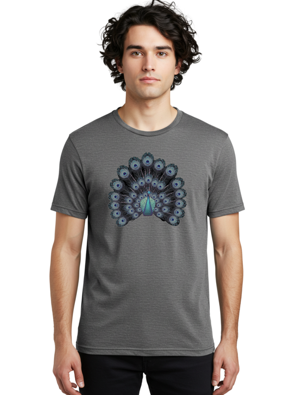 Peacock-5 Men'S Graphic Tee, 100% Cotton, Comfortable Casual Summer Wear, Machine Washable, Peacock, Blue Feathers, Feathers Spread, Bird Display, Eye-Catching, Iridescent, Blue Eyes, Feathered Friend, Nature'S Beauty, Majestic Bird Bab099