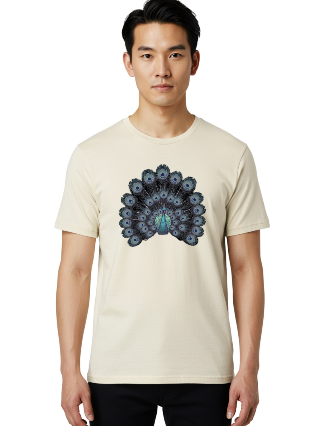 Peacock-5 Men'S Graphic Tee, 100% Cotton, Comfortable Casual Summer Wear, Machine Washable, Peacock, Blue Feathers, Feathers Spread, Bird Display, Eye-Catching, Iridescent, Blue Eyes, Feathered Friend, Nature'S Beauty, Majestic Bird Bab099