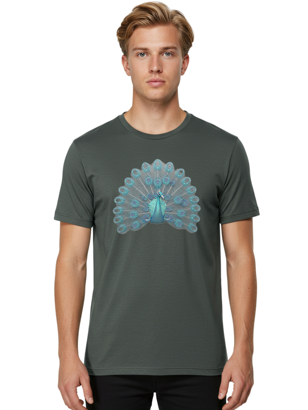 Peacock-8 Men'S Graphic Tee, 100% Cotton, Comfortable Casual Summer Wear, Machine Washable, Blue Peacock, Bird'S Plumage, Feathered Friend, Exotic Bird, Vibrant Colors, Eye-Catching Pattern, Wildlife Photography, Blue Feathers Bab102