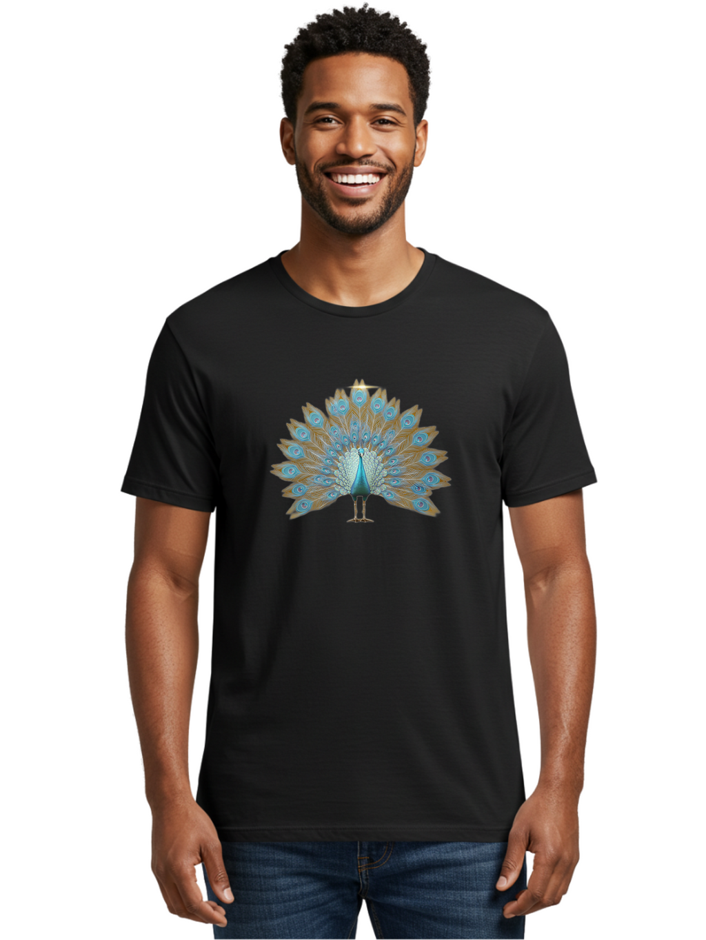 Peacock-9 Men'S Graphic Tee, 100% Cotton, Comfortable Casual Summer Wear, Machine Washable, Peacock Display, Vibrant Blue Feathers, Eye-Catching Plumage, Majestic Bird, Nature'S Beauty, Stunning Colors, Ornate Tail Feathers, Bird Of Paradise Bab103