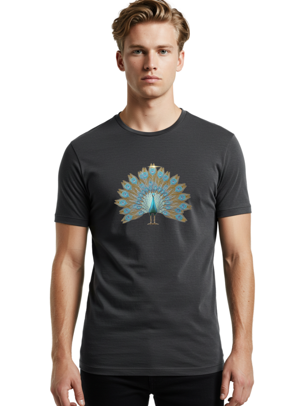Peacock-9 Men'S Graphic Tee, 100% Cotton, Comfortable Casual Summer Wear, Machine Washable, Peacock Display, Vibrant Blue Feathers, Eye-Catching Plumage, Majestic Bird, Nature'S Beauty, Stunning Colors, Ornate Tail Feathers, Bird Of Paradise Bab103