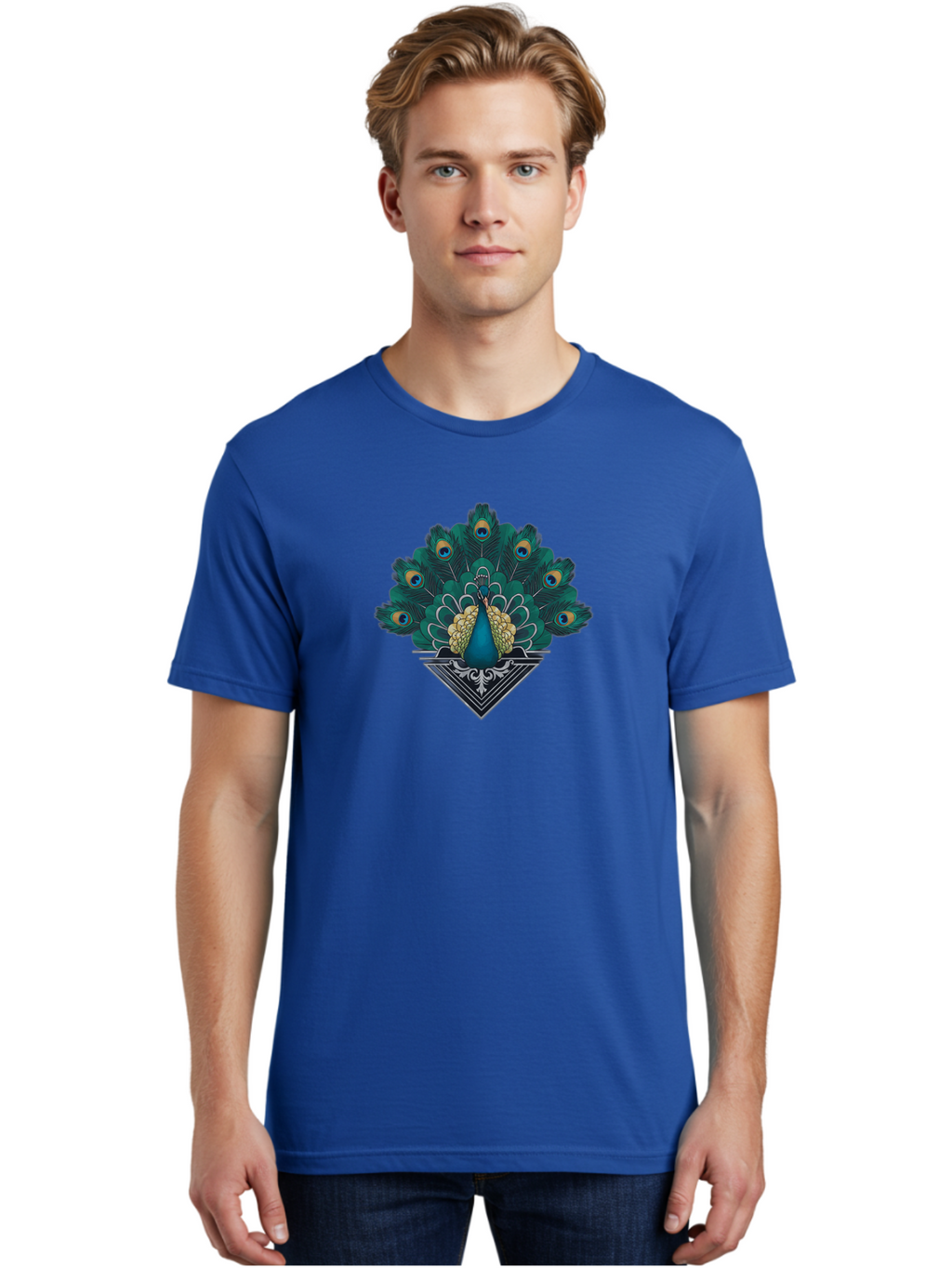 Peacock-Design Men'S Graphic Tee, 100% Cotton, Comfortable Casual Summer Wear, Machine Washable, Peacock, Vibrant Plumage, Blue And Gold Feathers, Ornate Design, Majestic Bird, Display Of Feathers, Symbolic Beauty, Elegant Pattern Bab104