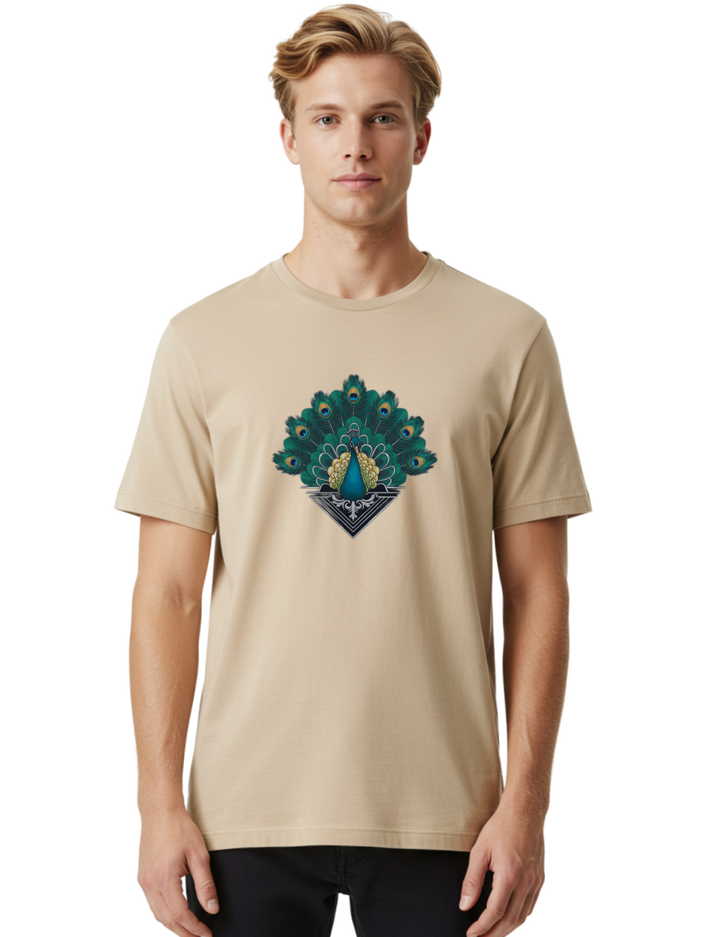 Peacock-Design Men'S Graphic Tee, 100% Cotton, Comfortable Casual Summer Wear, Machine Washable, Peacock, Vibrant Plumage, Blue And Gold Feathers, Ornate Design, Majestic Bird, Display Of Feathers, Symbolic Beauty, Elegant Pattern Bab104