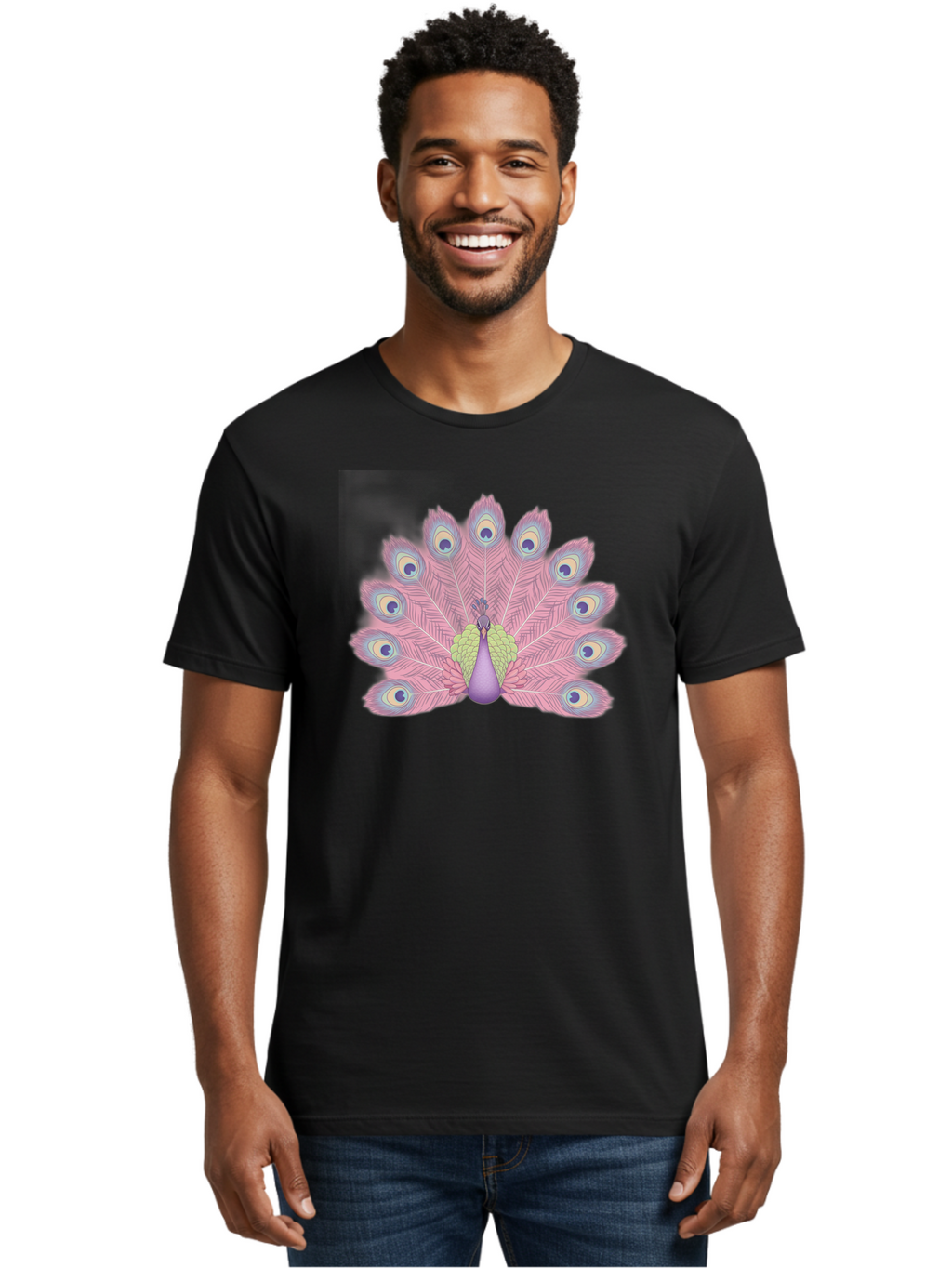 Peacock-Display-1 Men'S Graphic Tee, 100% Cotton, Comfortable Casual Summer Wear, Machine Washable, Peacock With Full Plumage, Vibrant Feathers, Pink And Purple Hues, Green And Blue Accents, Eye-Catching Display, Majestic Bird, Bab105