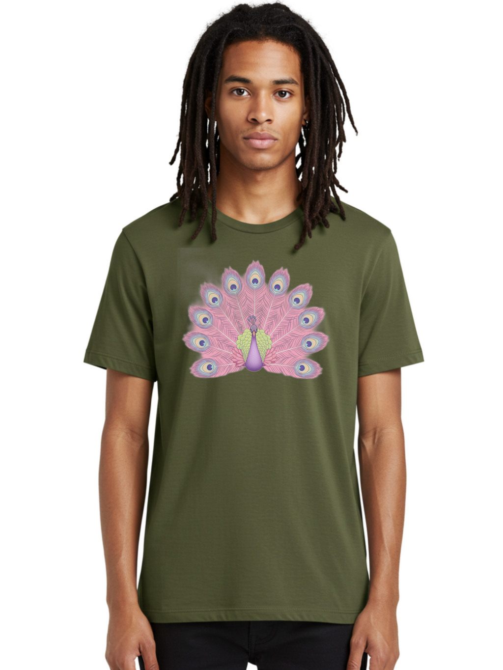 Peacock-Display-1 Men'S Graphic Tee, 100% Cotton, Comfortable Casual Summer Wear, Machine Washable, Peacock With Full Plumage, Vibrant Feathers, Pink And Purple Hues, Green And Blue Accents, Eye-Catching Display, Majestic Bird, Bab105