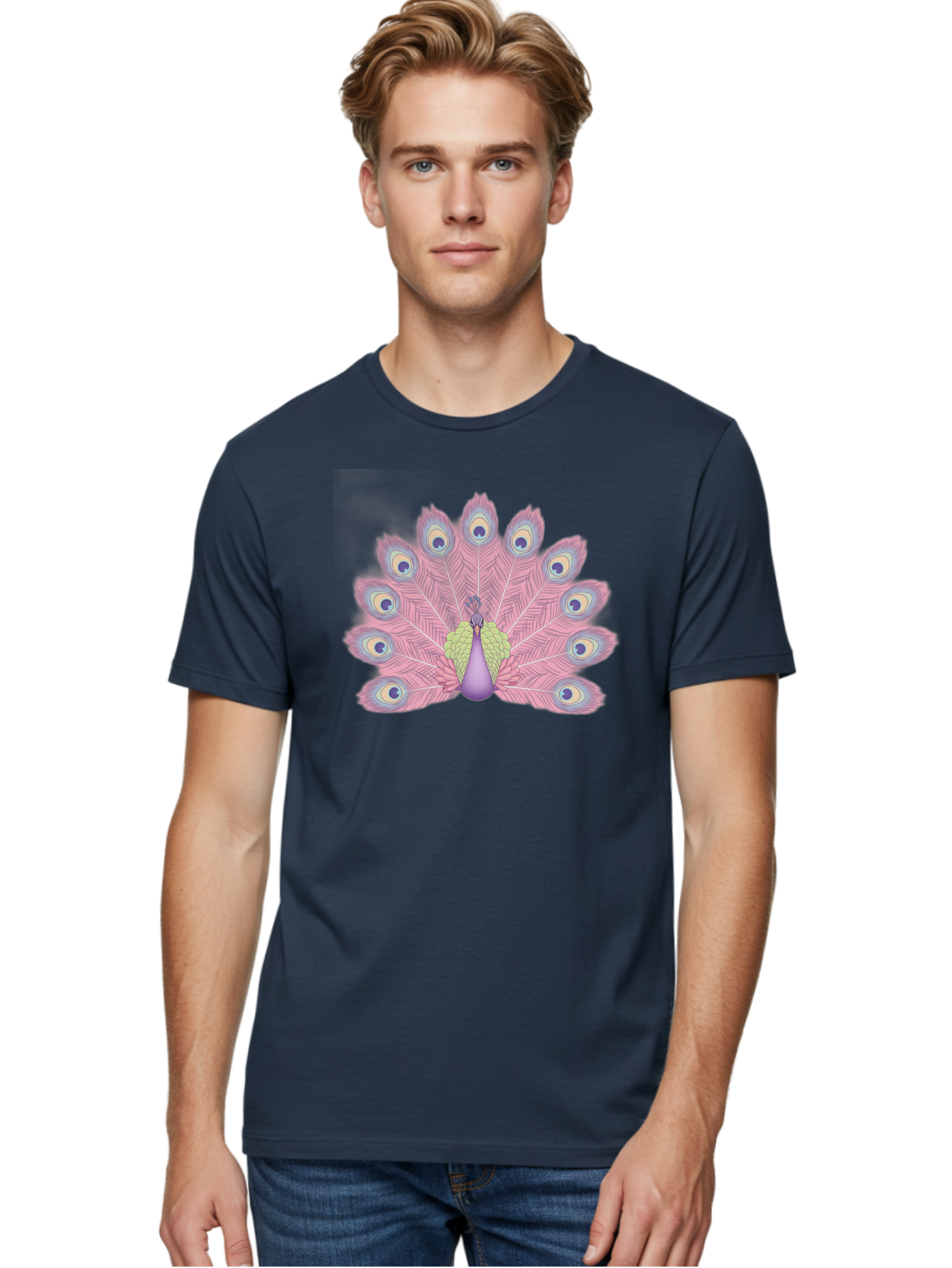 Peacock-Display-1 Men'S Graphic Tee, 100% Cotton, Comfortable Casual Summer Wear, Machine Washable, Peacock With Full Plumage, Vibrant Feathers, Pink And Purple Hues, Green And Blue Accents, Eye-Catching Display, Majestic Bird, Bab105