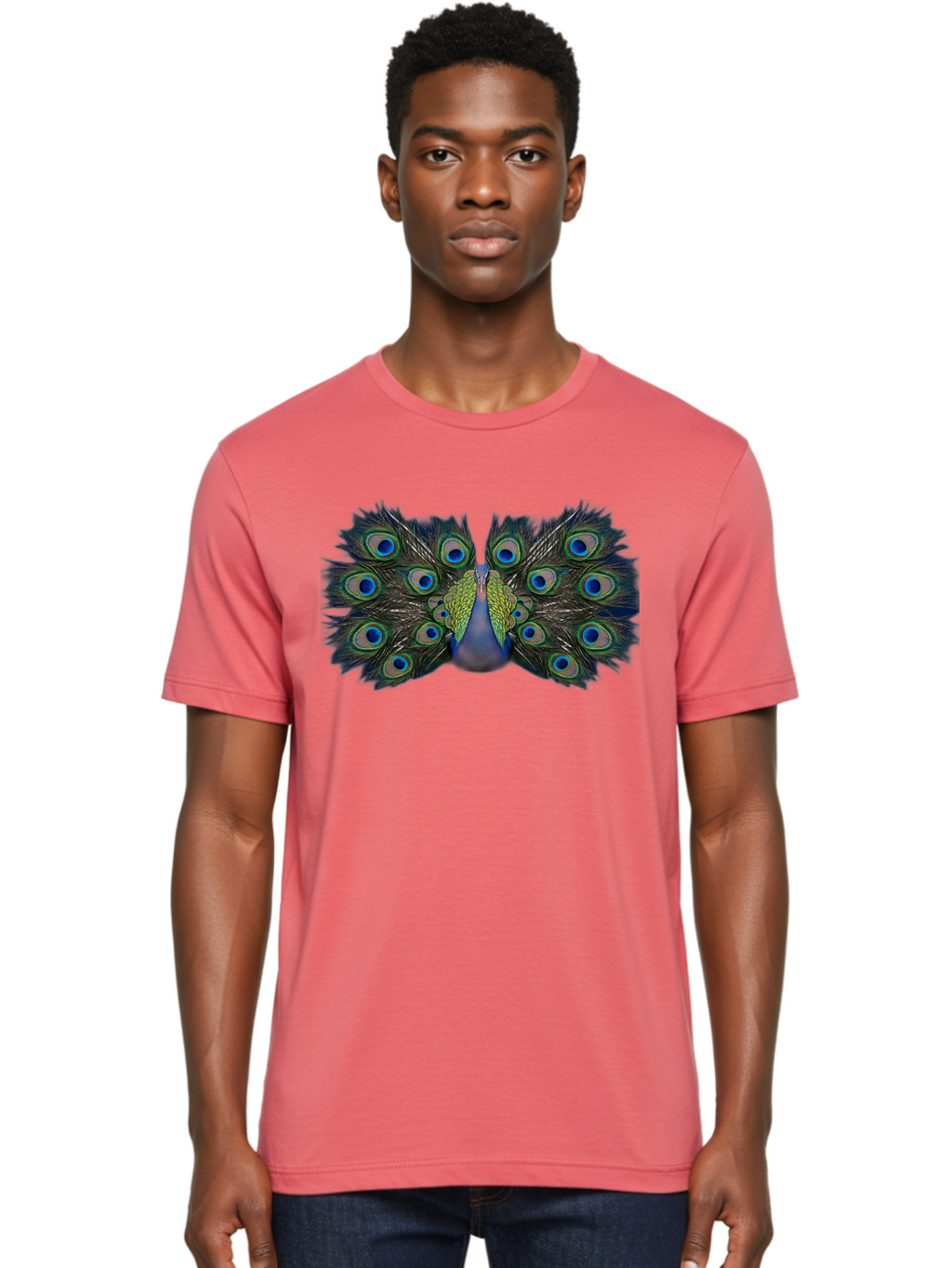Peacock-Display Men'S Graphic Tee, 100% Cotton, Comfortable Casual Summer Wear, Machine Washable, Peacock, Vibrant Plumage, Blue And Green Feathers, Eye-Catching, Majestic Bird, Colorful Display, Intricate Patterns, Bird Of Paradise, Bab106