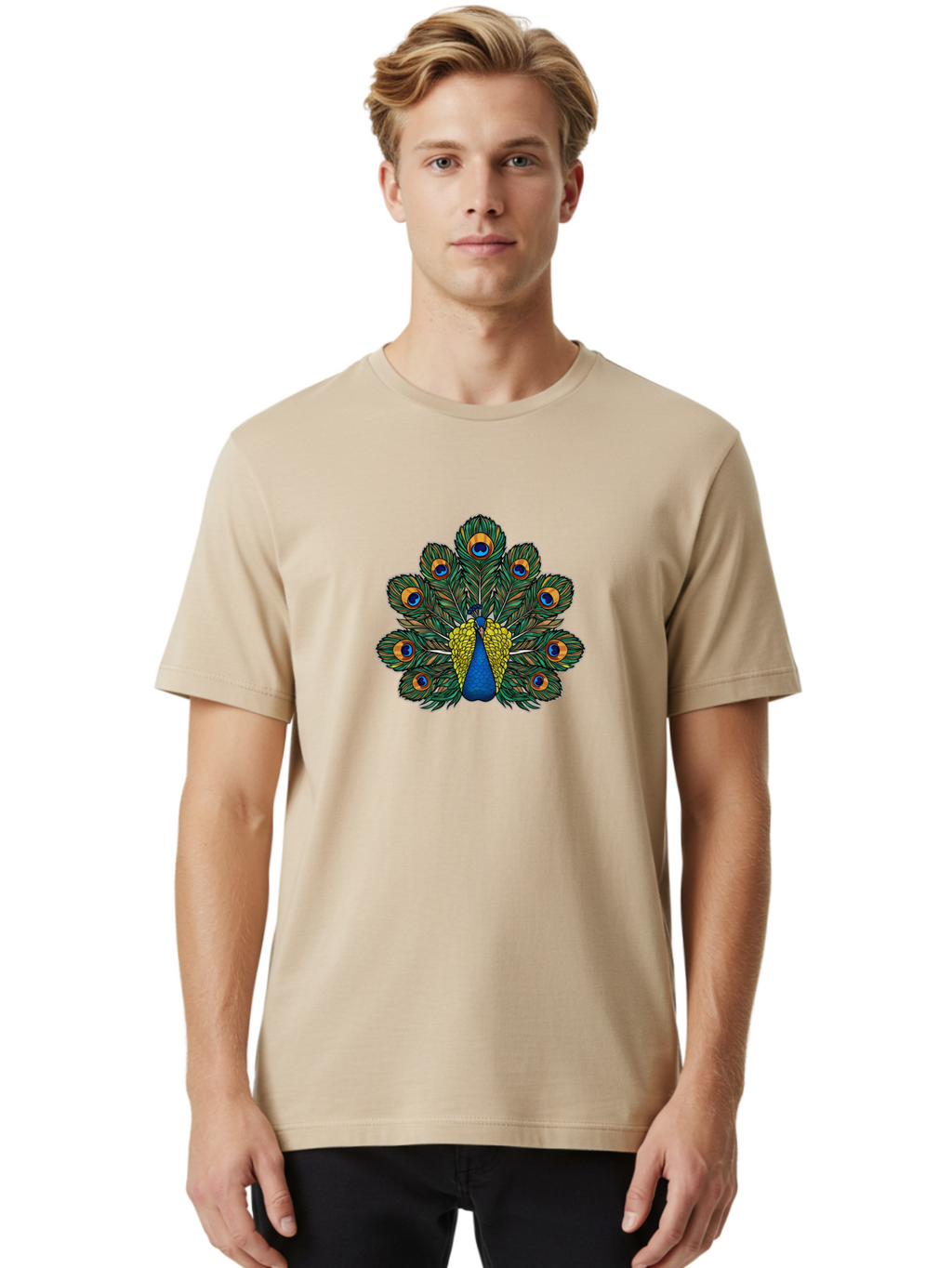 Peacock-Feather-1 Men'S Graphic Tee, 100% Cotton, Comfortable Casual Summer Wear, Machine Washable, Peacock Spreading Its Feathers, Vibrant Plumage, Blue And Gold Colors, Eye-Catching Display, Majestic Bird, Colorful Illustration, Bab107