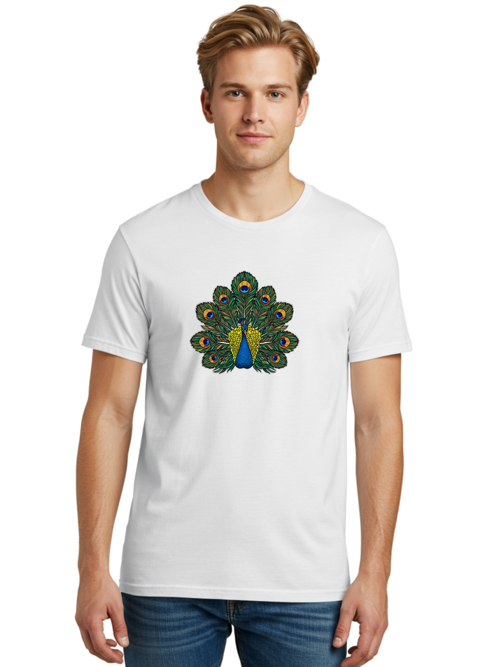 Peacock-Feather-1 Men'S Graphic Tee, 100% Cotton, Comfortable Casual Summer Wear, Machine Washable, Peacock Spreading Its Feathers, Vibrant Plumage, Blue And Gold Colors, Eye-Catching Display, Majestic Bird, Colorful Illustration, Bab107