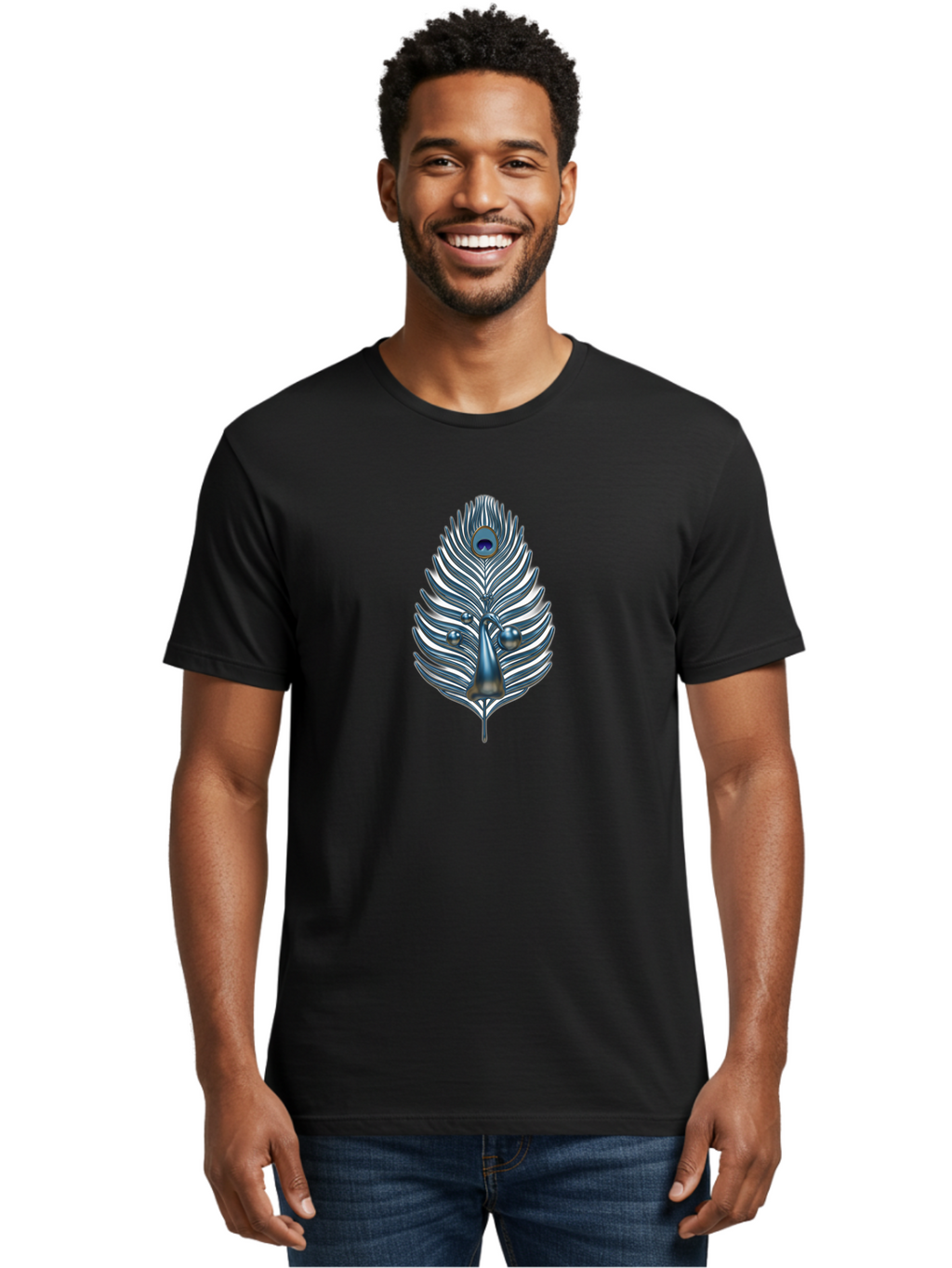 Peacock-Feather-10 Men'S Graphic Tee, 100% Cotton, Comfortable Casual Summer Wear, Machine Washable, Luxury Feather, Peacock Plumage, Ornate Design, Metallic Sheen, Vibrant Blue Eye, 3D Effect, Decorative Element, Chrome Accents, Bab108
