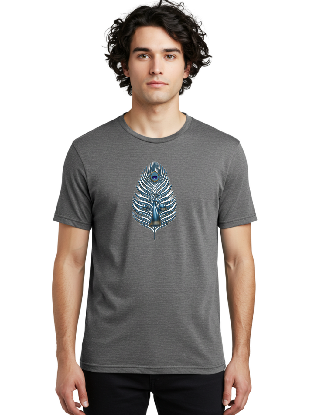Peacock-Feather-10 Men'S Graphic Tee, 100% Cotton, Comfortable Casual Summer Wear, Machine Washable, Luxury Feather, Peacock Plumage, Ornate Design, Metallic Sheen, Vibrant Blue Eye, 3D Effect, Decorative Element, Chrome Accents, Bab108