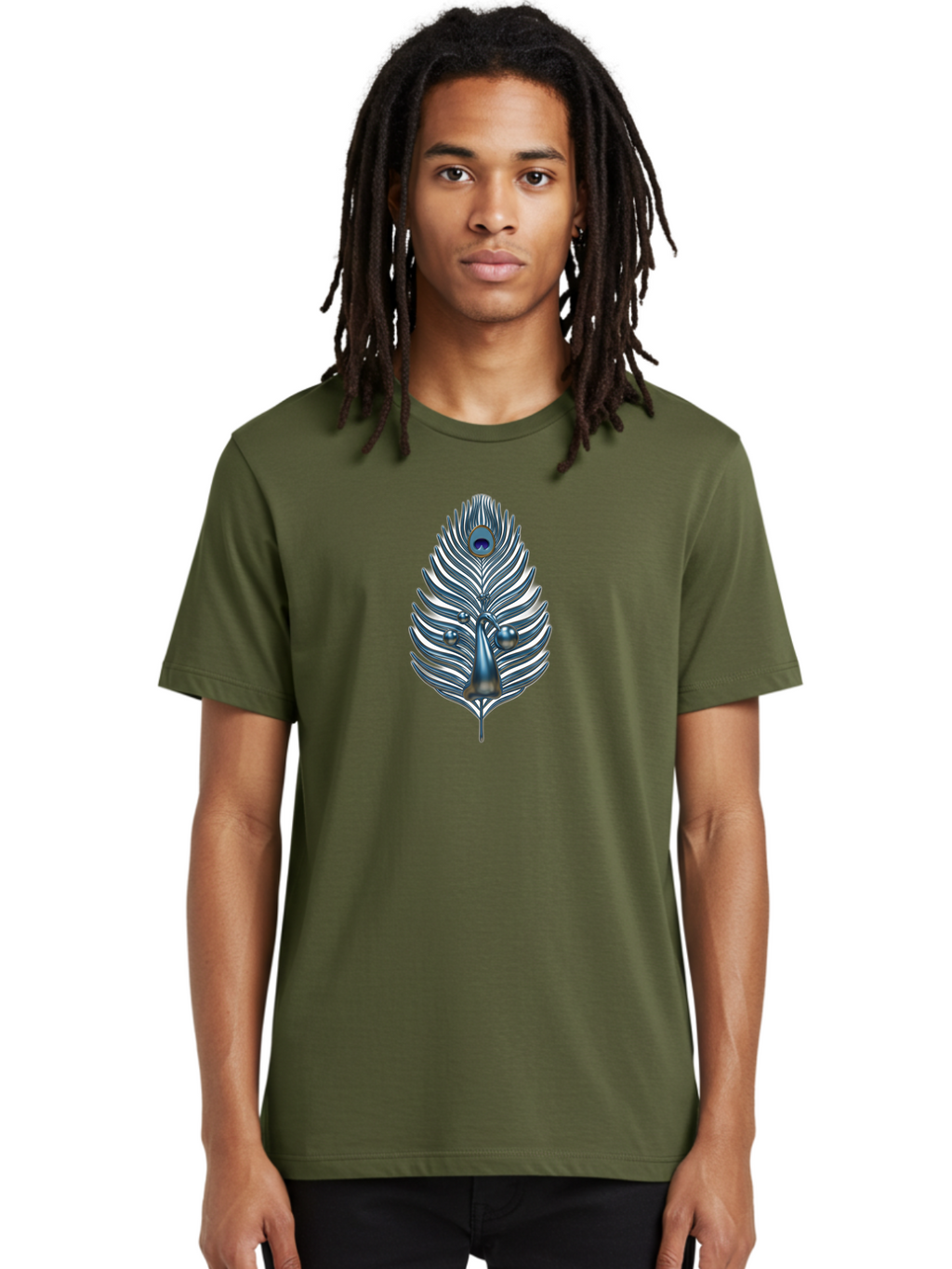 Peacock-Feather-10 Men'S Graphic Tee, 100% Cotton, Comfortable Casual Summer Wear, Machine Washable, Luxury Feather, Peacock Plumage, Ornate Design, Metallic Sheen, Vibrant Blue Eye, 3D Effect, Decorative Element, Chrome Accents, Bab108