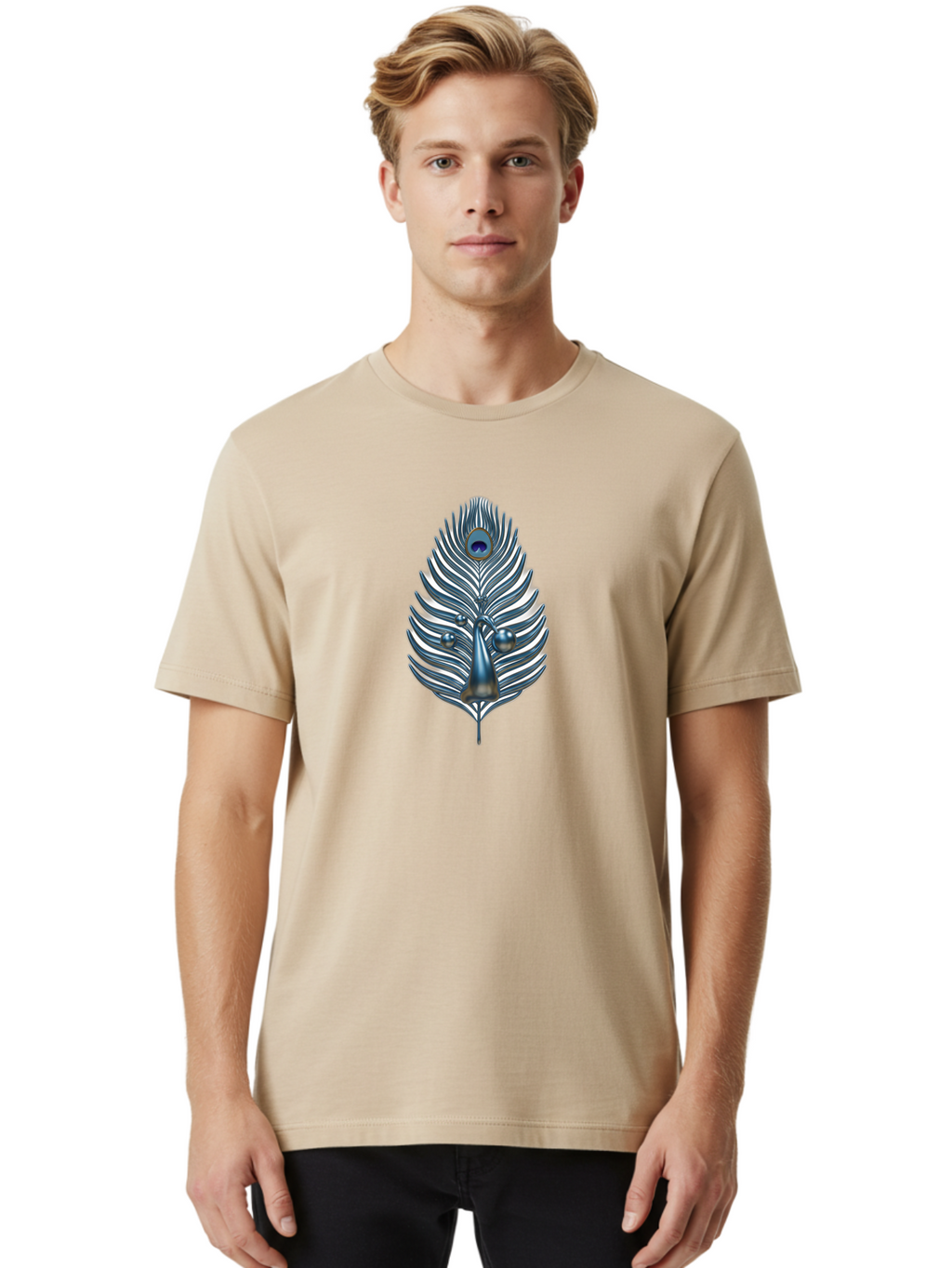 Peacock-Feather-10 Men'S Graphic Tee, 100% Cotton, Comfortable Casual Summer Wear, Machine Washable, Luxury Feather, Peacock Plumage, Ornate Design, Metallic Sheen, Vibrant Blue Eye, 3D Effect, Decorative Element, Chrome Accents, Bab108