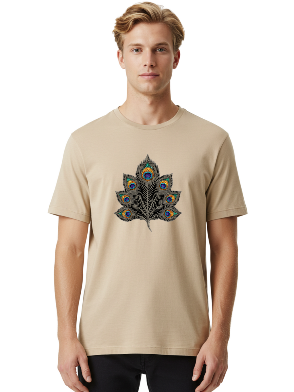 Peacock-Feather-11 Men'S Graphic Tee, 100% Cotton, Comfortable Casual Summer Wear, Machine Washable, Vibrant Peacock Feather, Colorful Plumage, Blue And Orange Eyespots, Intricate Details, Ornate Pattern, Majestic Bird, Symbolic Feather, Bab109