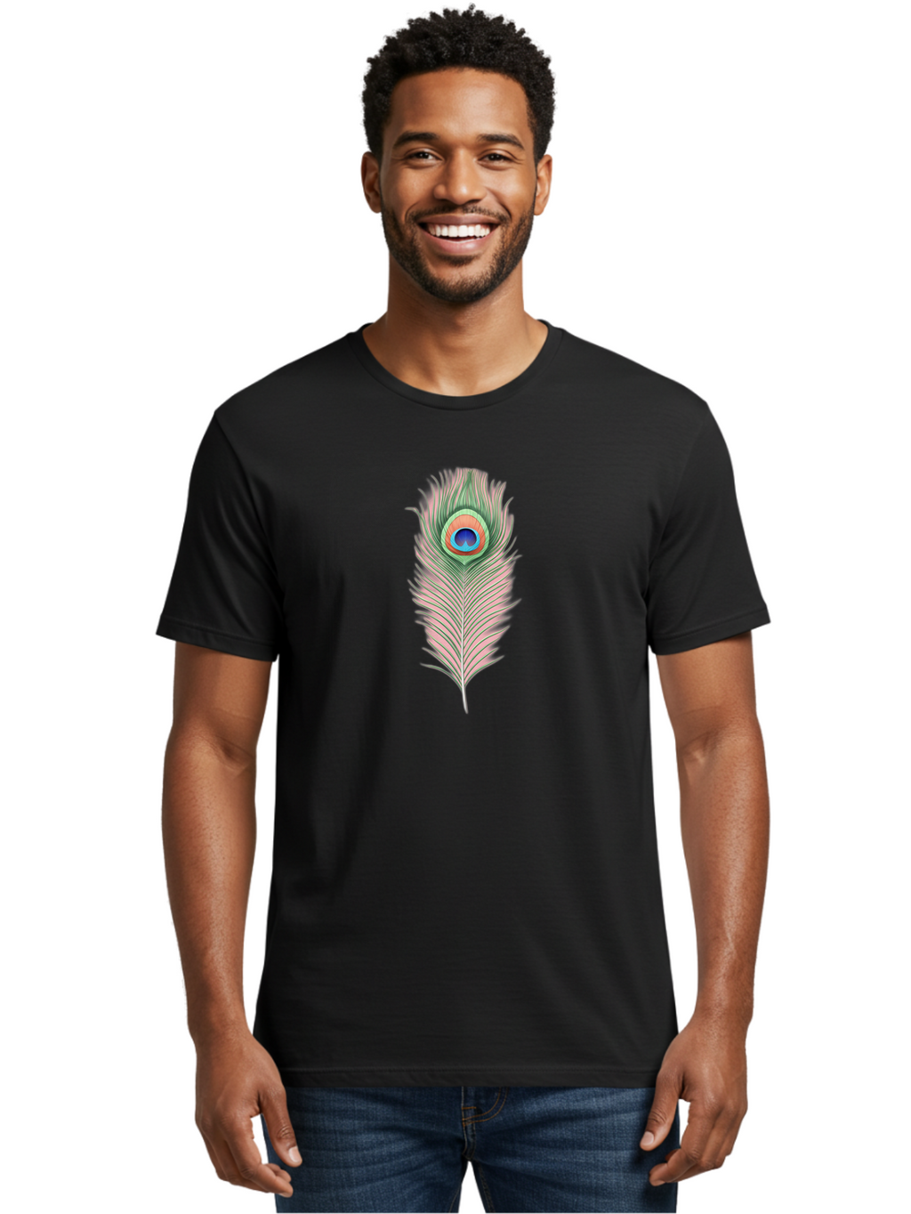 Peacock-Feather-3 Men'S Graphic Tee, 100% Cotton, Comfortable Casual Summer Wear, Machine Washable, Peacock Feather Illustration, Colorful Plumage, Vibrant Eye, Bird Anatomy, Nature Graphics, Exotic Design, Ornamental Art, Bab111